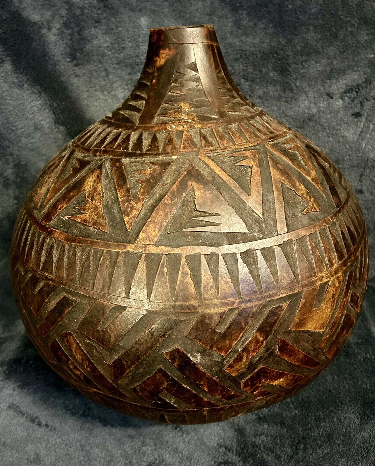 Rwanda Original Vintage Carved Calabash Gourd Jar Africa 12.5”H
