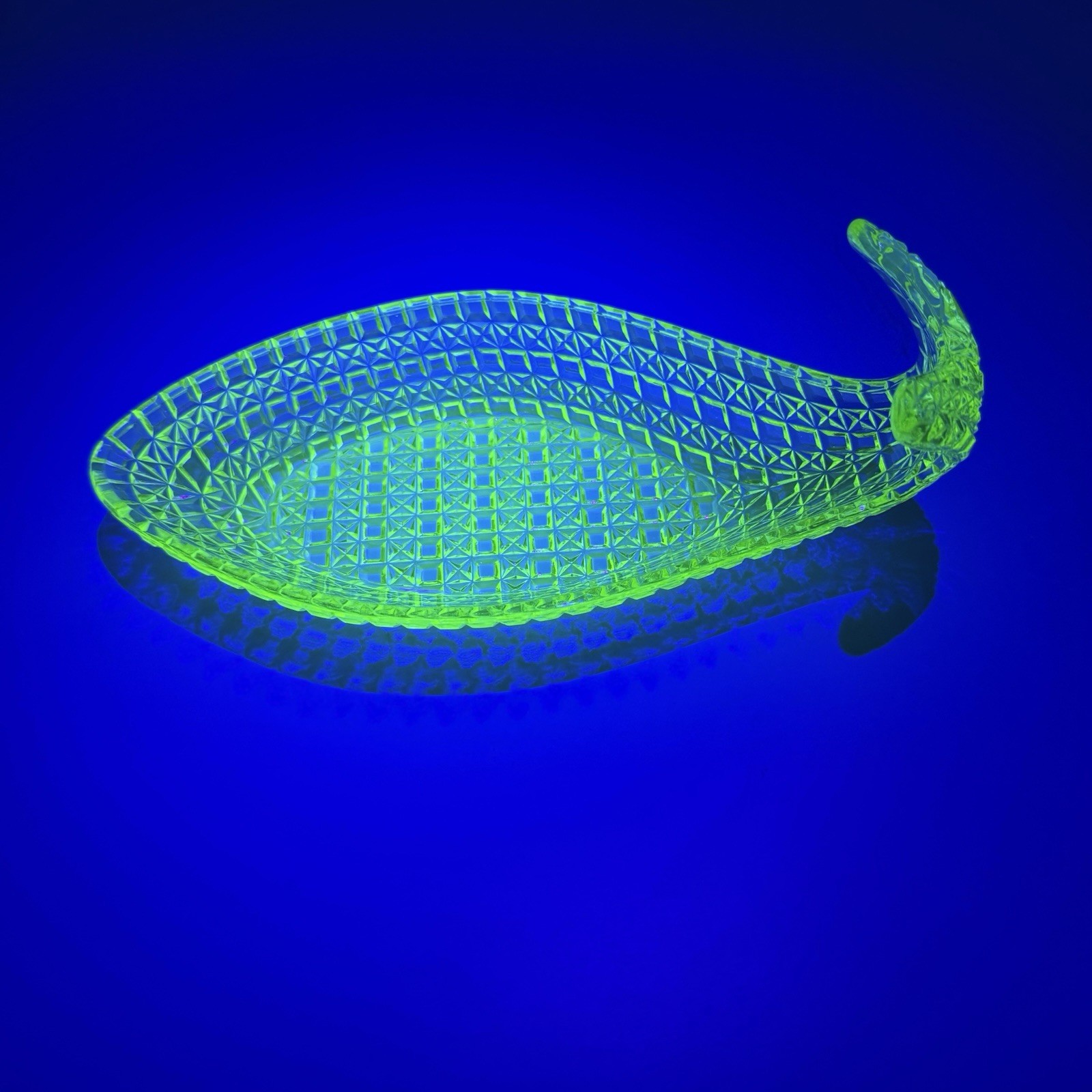 EAPG 1885 Bryce Bros. Rare VASELINE URANIUM GLASS Whale / Fish Relish Dish