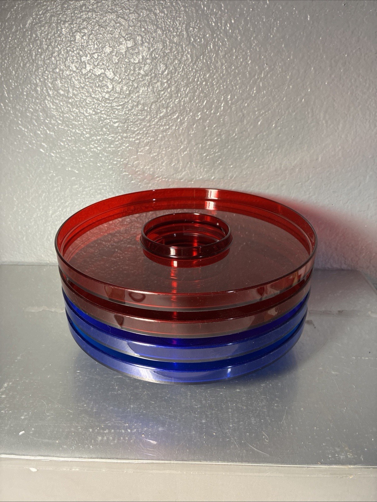 Vintage HJ Stotter Acrylic Nesting Tidbit Trays Stackable MCM Red Blue Set 4