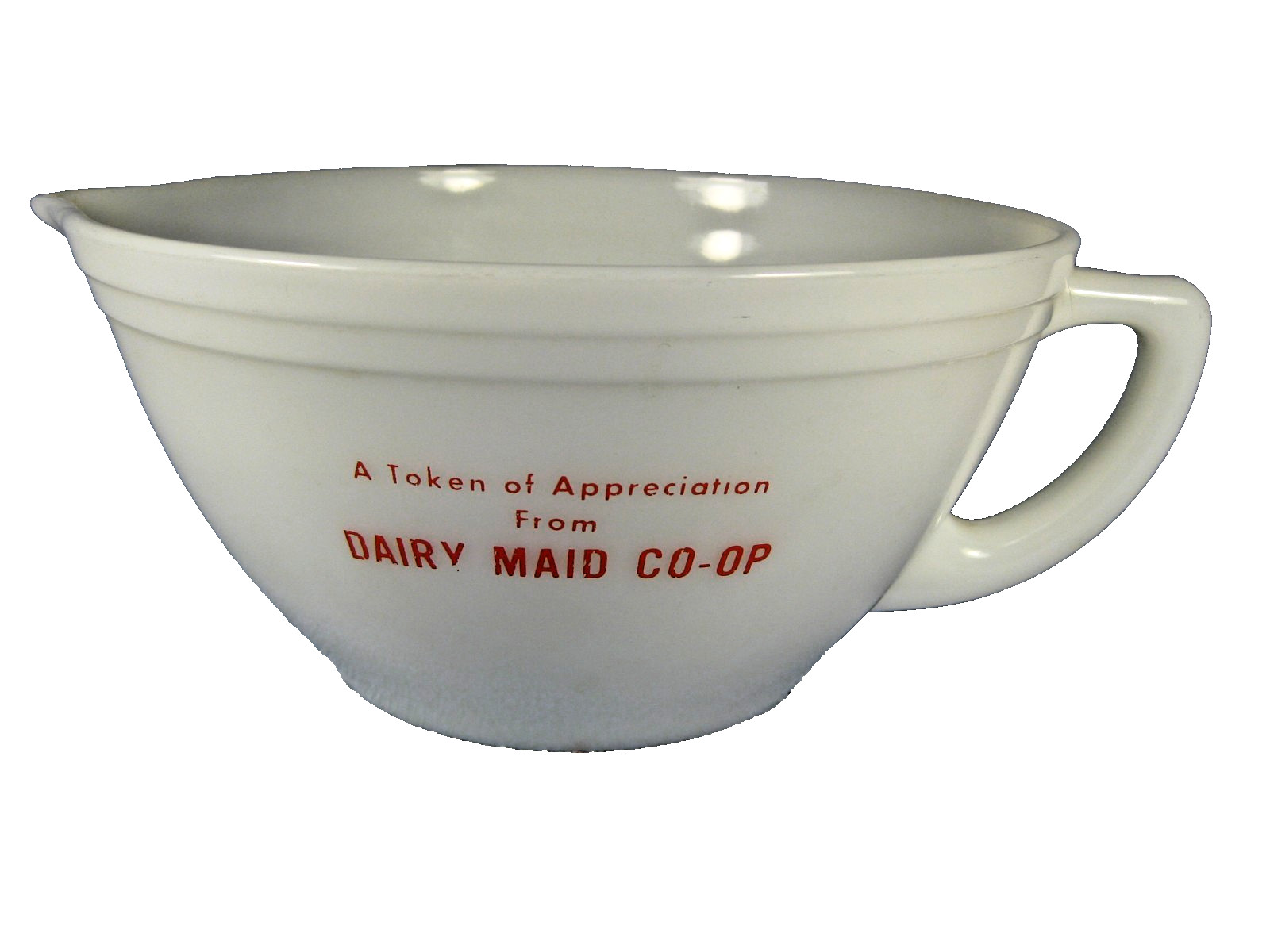 Vintage Fire king Dairy Maid Co-Op Milk Glass D Handle Batter Mixing Bowl 8” Vintage Fire king Dairy Maid Co-Op Milk Glass D Handle Batter Mixing Bowl 8”