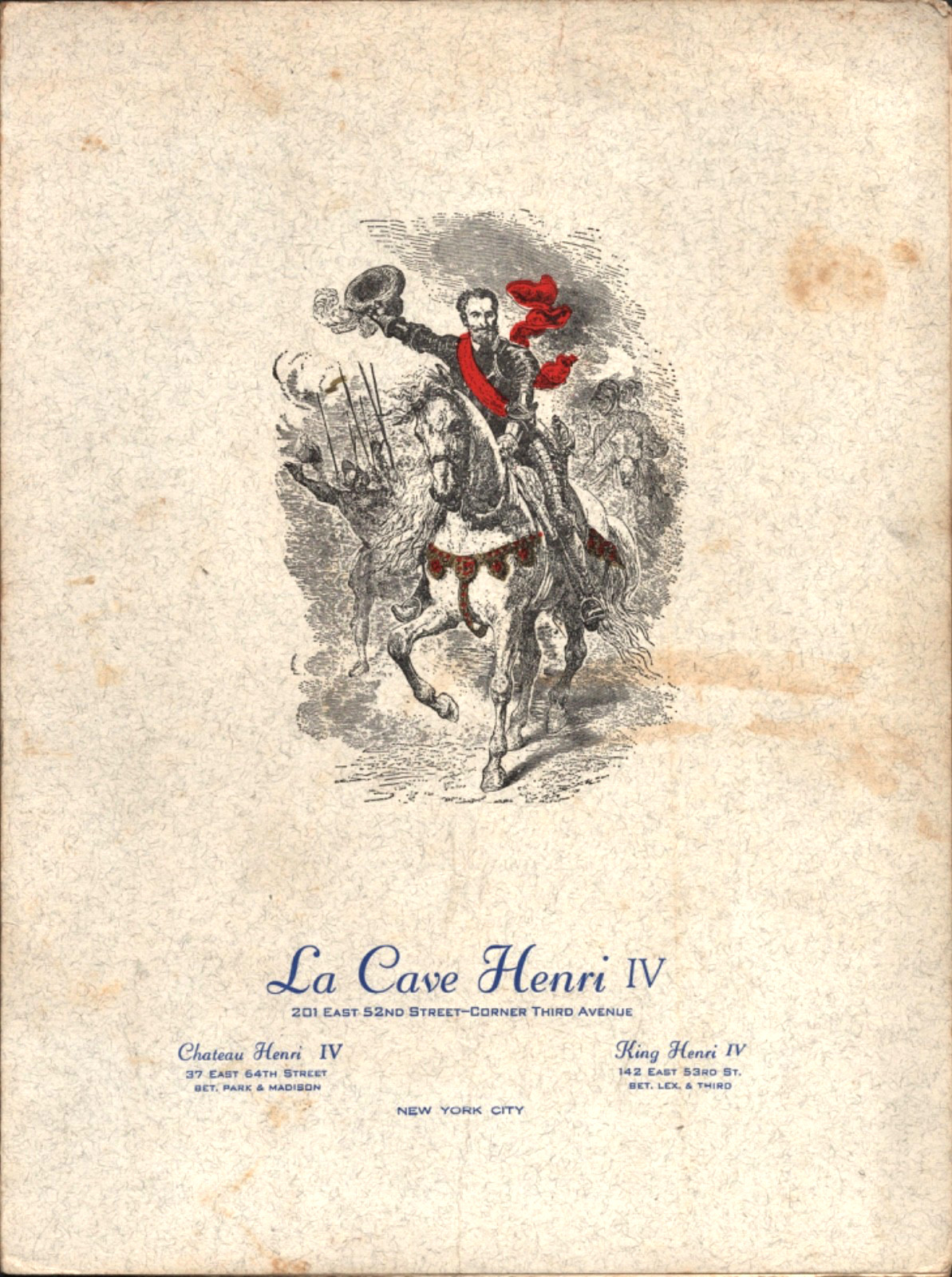 1963 LA CAVE HENRI IV RESTAURANT vintage dinner menu NEW YORK CITY 201 East 52nd 1963 LA CAVE HENRI IV RESTAURANT vintage dinner menu NEW YORK CITY 201 East 52nd