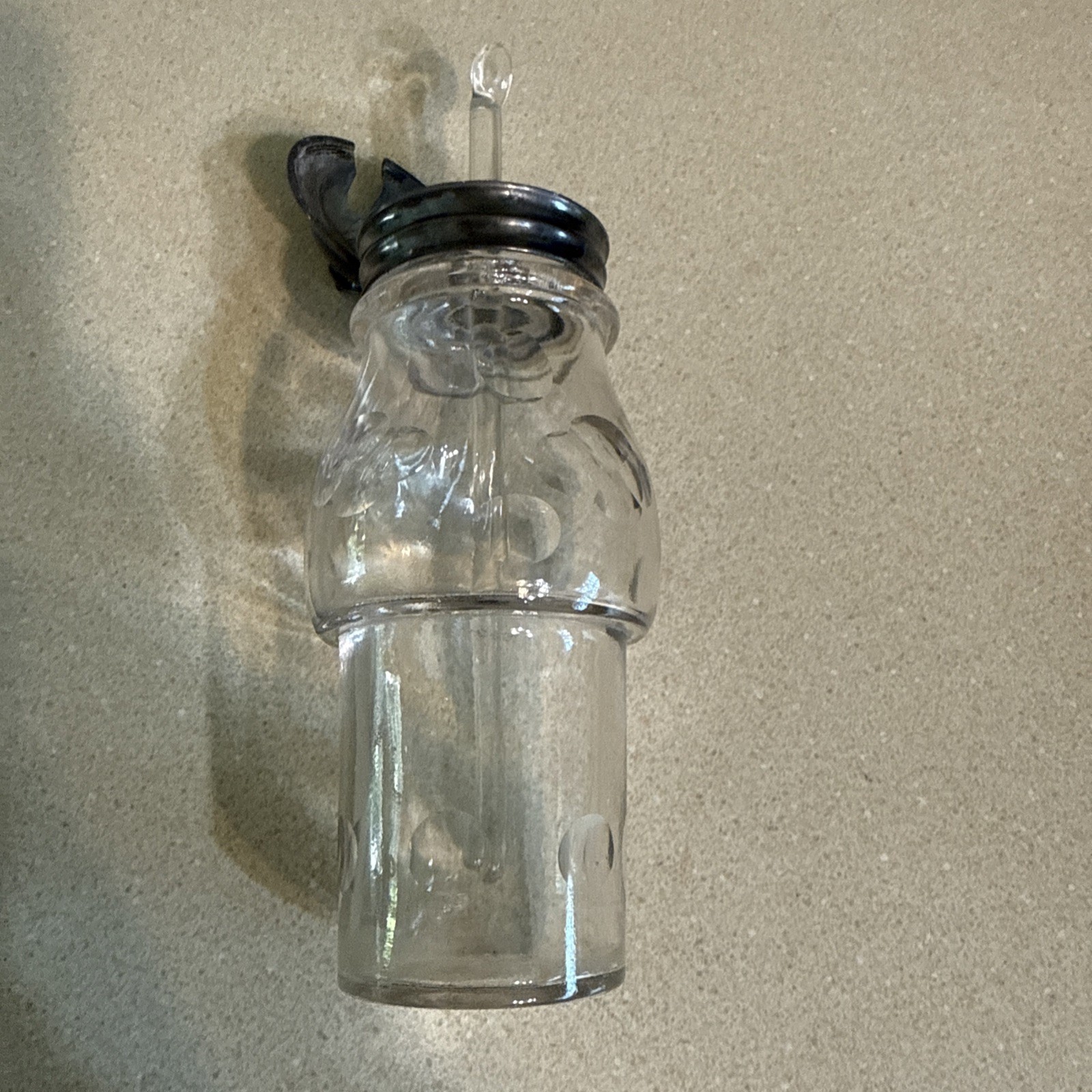 Vtg. Late 1800s Glass Condiment Jar w/pewter Hinged Lid, Glass Spoon