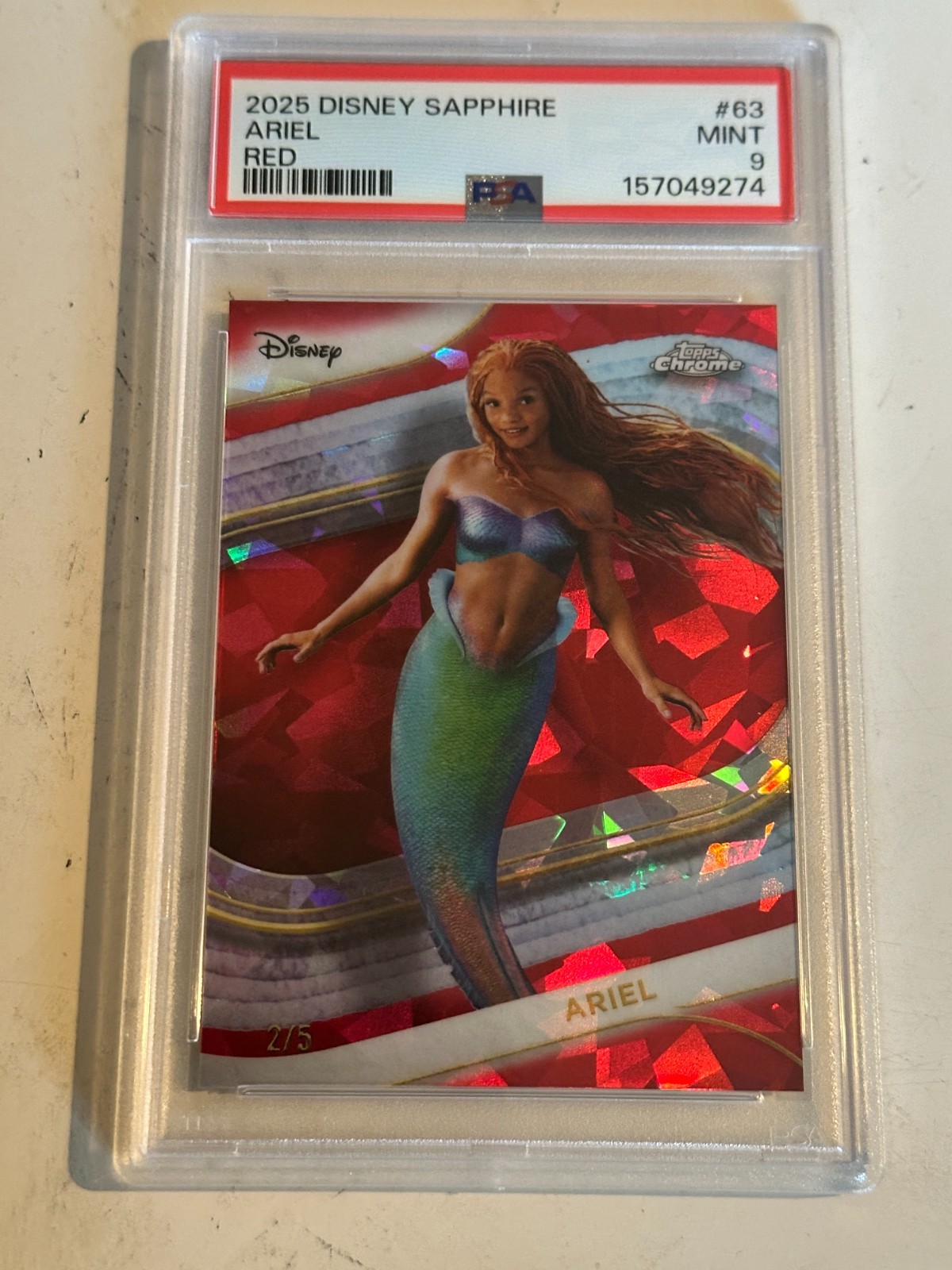 2025 Topps Disney Chrome Sapphire Red #63 Ariel (Live Action) /5 SSP PSA 9 MINT