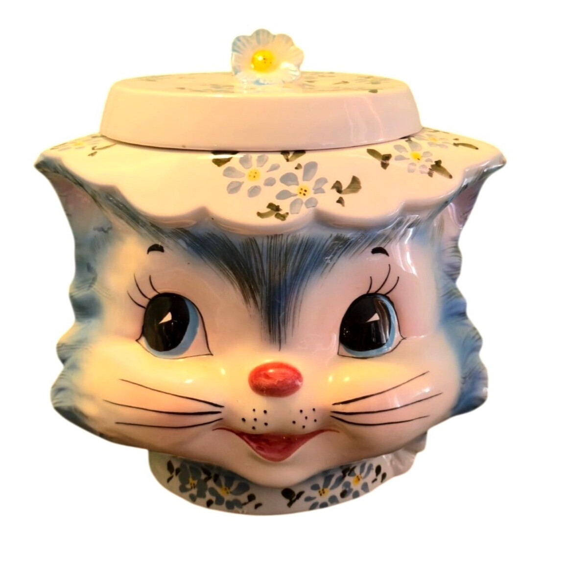 Vintage Lefton Miss Priss Ceramic Cookie Jar Blue Cat Floral Hat 1950s kitty euc