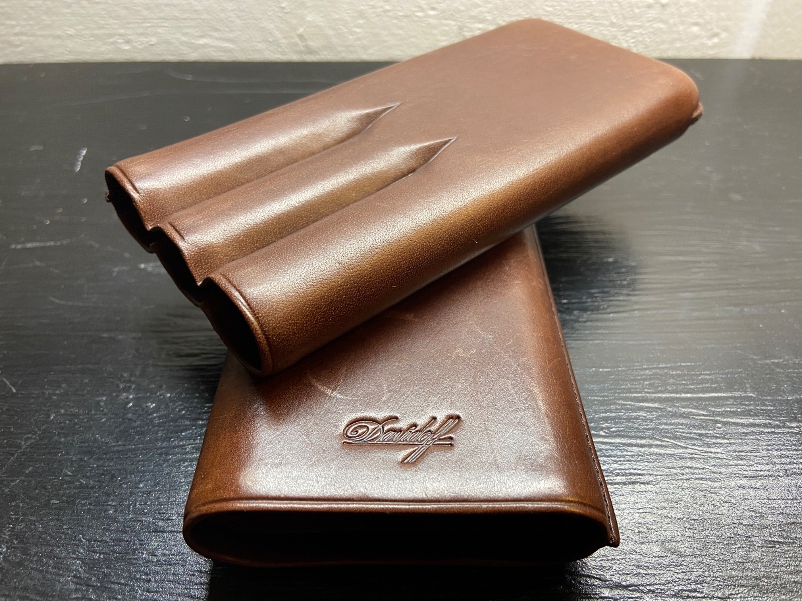 🥃 Vintage 1990s Davidoff Brown Leather 3-Cigar Case