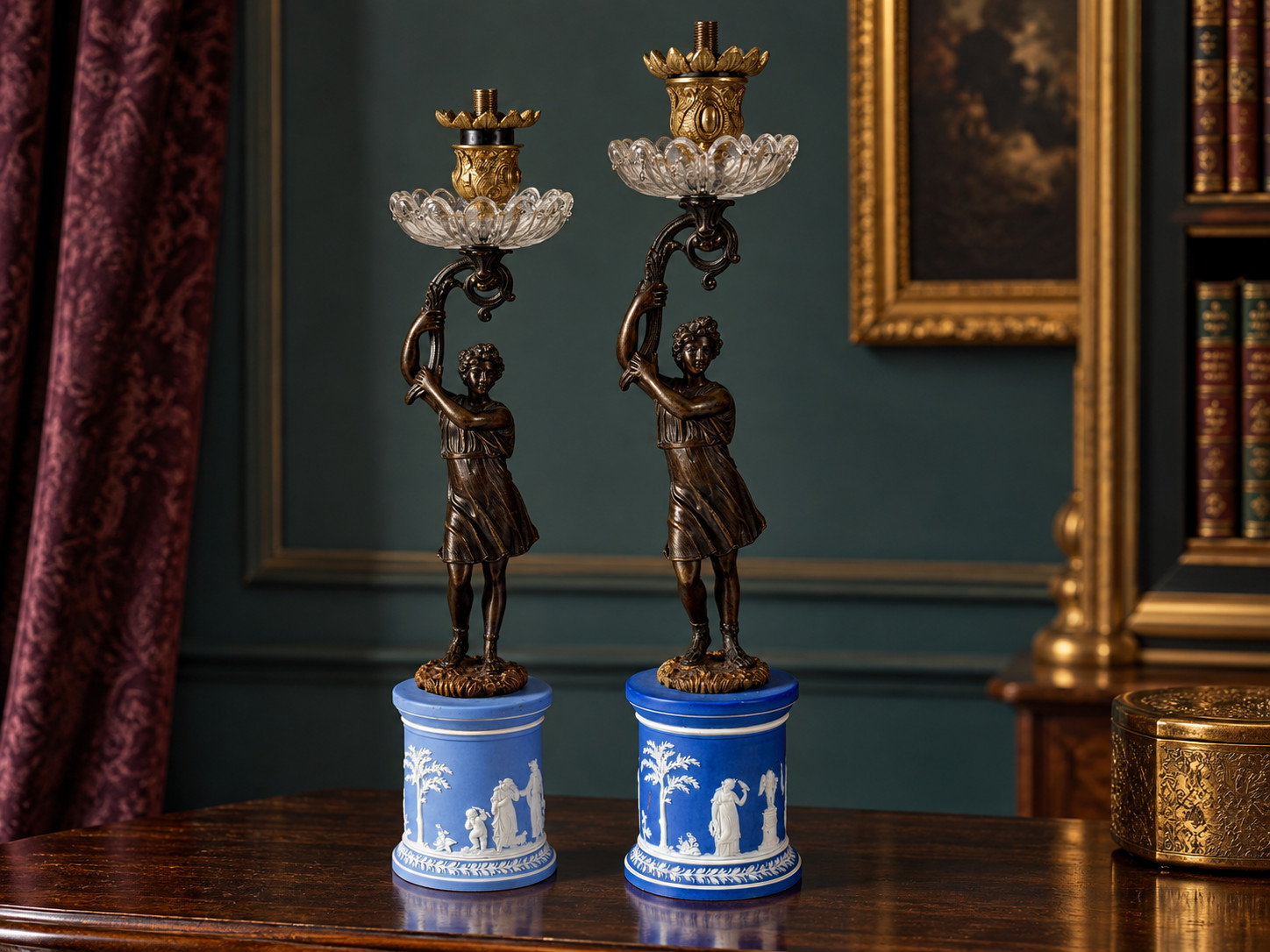 ❖ FIND Wedgwood Blue Jasperware Candlestick Lamp Bases Pair Crystal Bronze
