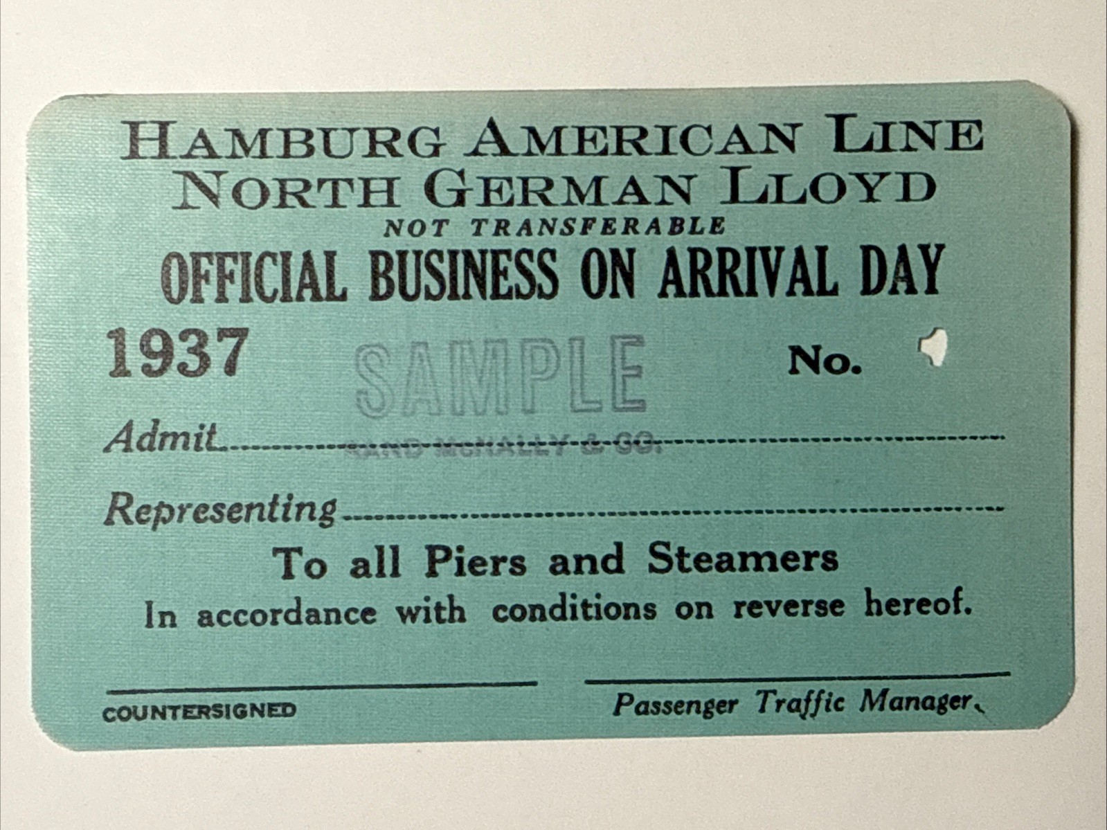 1937 Hamburg American Line North German Lloyd Sample Pass Steamer Ship Vtg