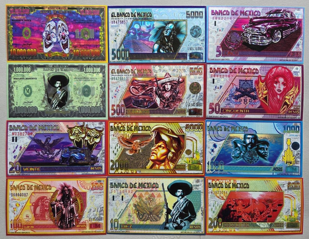 12 VTG Banco De Mexico Pesos Vending Machine Stickers, Artwork by Sleepy \