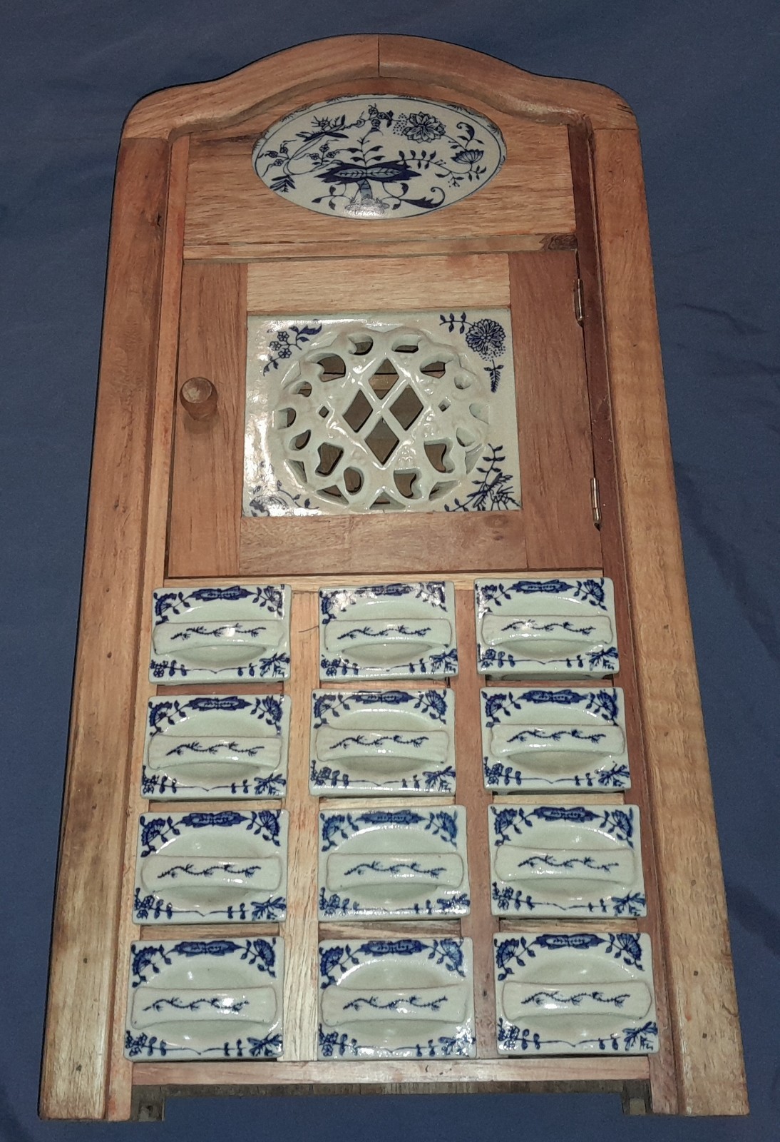 Vintage Wood Ceramic Blue & White Floral 12 Drawer Spice Cabinet