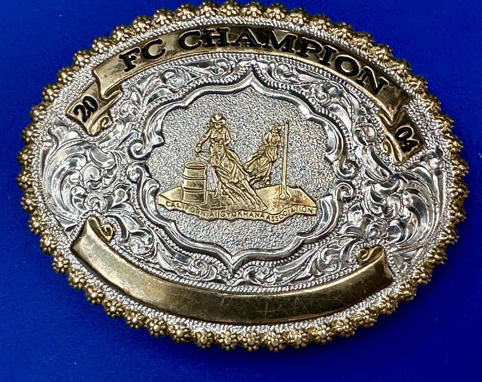 FC Champion 2004 Rodeo Cowboys barrel racing belt buckle California GYMKHANA