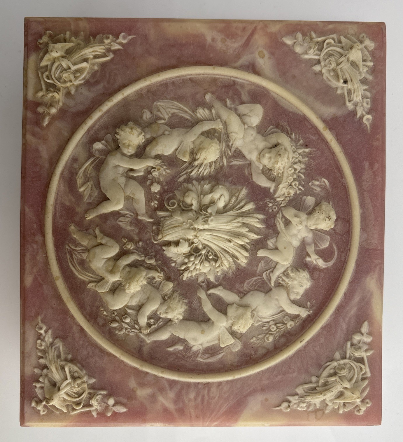 VTG INCOLAY STONE Cherubs Angels Floral Handcrafted Jewelry Box Pink Beige/Cream