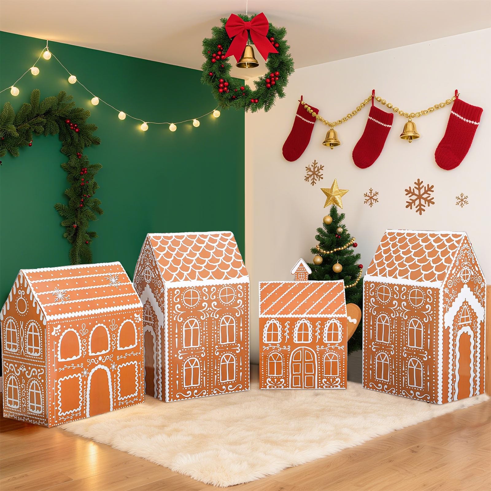 4 Pcs Large Cardboard Gingerbread House Set 16 20 24 Inches, Classic Stand up Ca