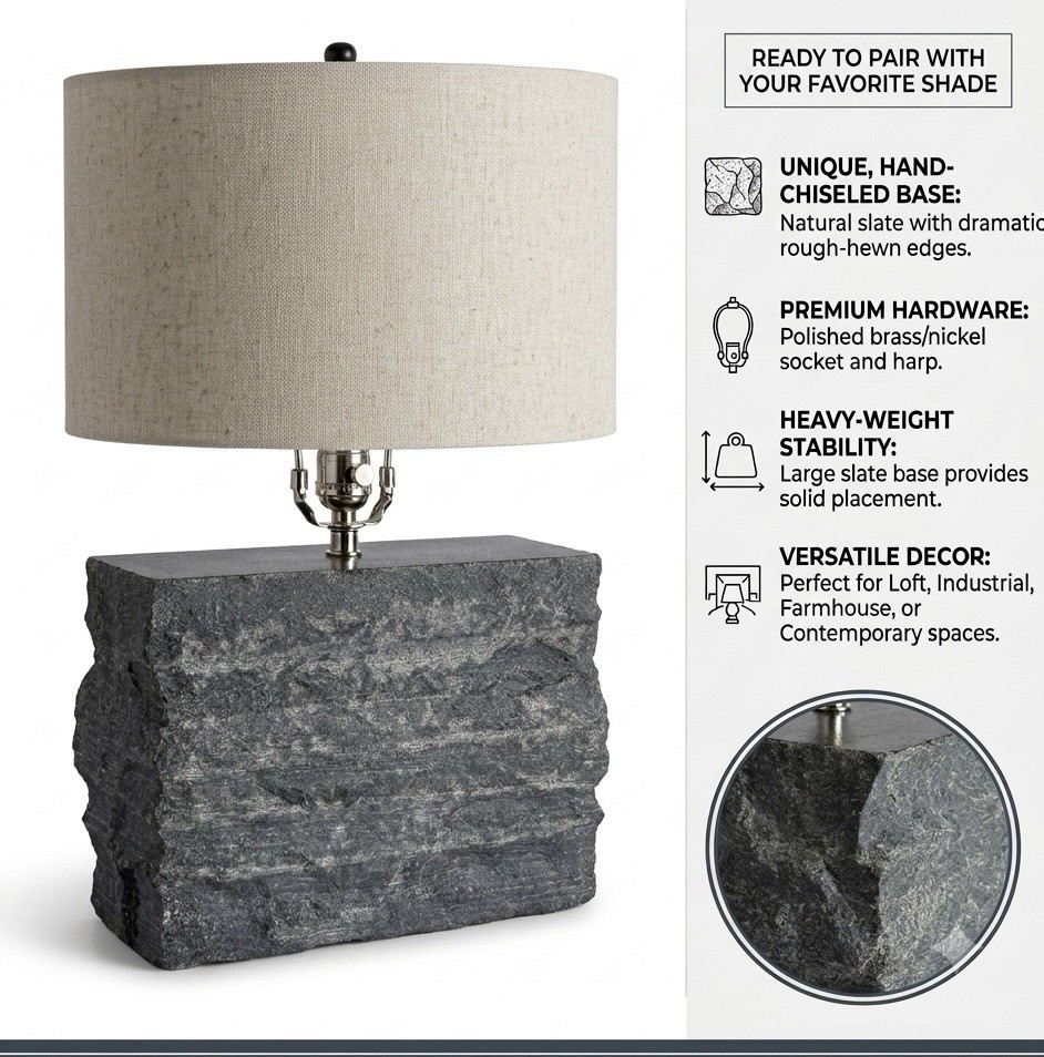 Vintage Brutalist Natural Stone Table Lamp Base Slate Gray Basalt Modern