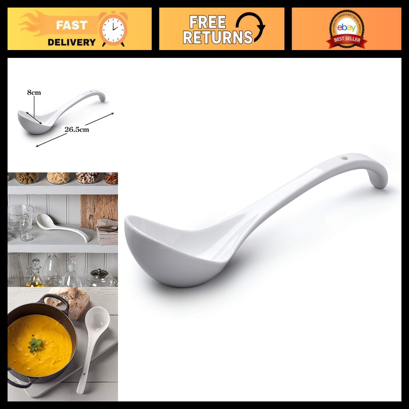 Traditional Porcelain Soup & Sauce Ladle 27cm - Kitchen Cooking Utensil, White Traditional Porcelain Soup & Sauce Ladle 27cm - Kitchen Cooking Utensil, White