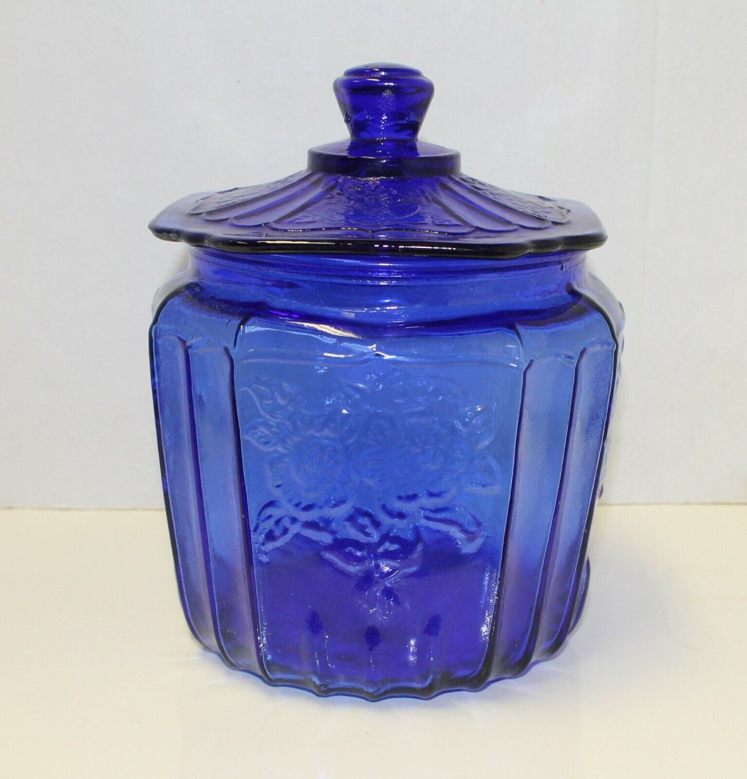Cobalt Blue Glass Biscuit Cookie Jar Mayfair Open Rose Depression Style Retro