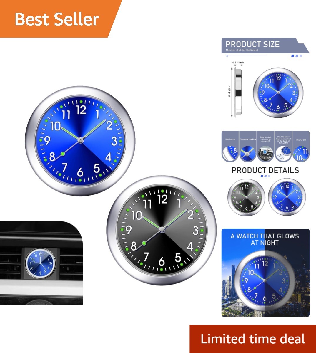 Universal Mini Car Clocks with Luminous Display - 2pcs Dashboard & Vent Clocks