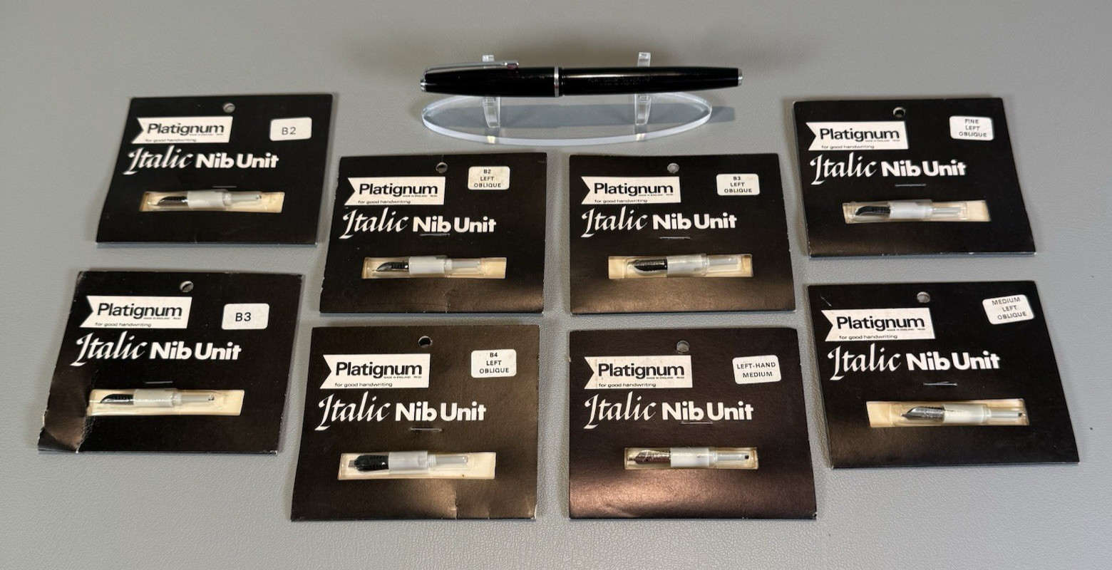 Vtg Platignum Silverline Black Fountain Pen Nib Mixed Lot of 8 Pen Used Nibs New