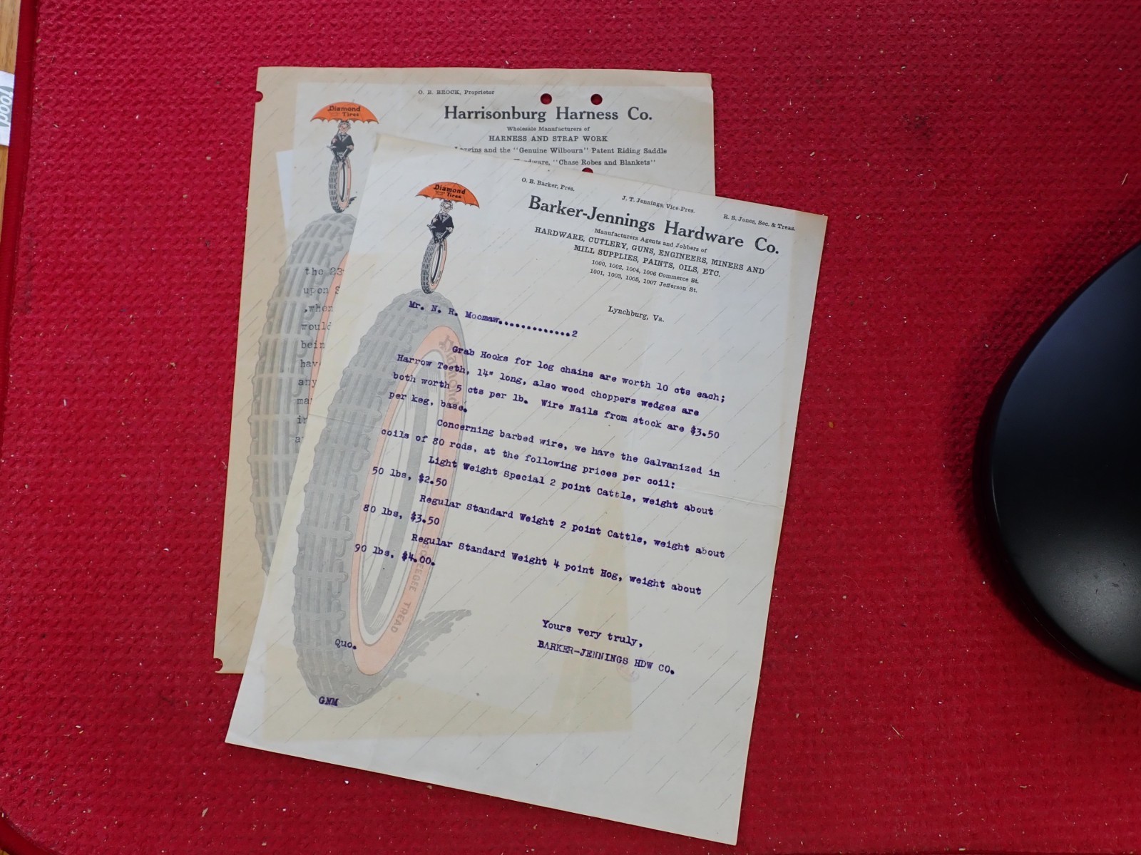 Barker Jennings Hardwar Co. 1917 Advertising Letterhead with Diamond Tire Logo
