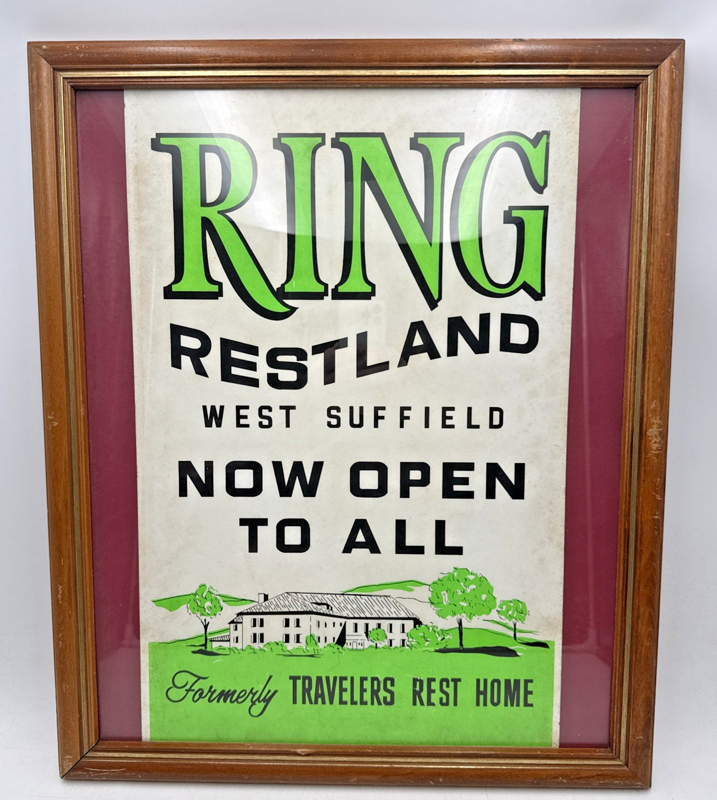 Vtg 1940s Travelers Rest Home Framed RARE SIGN Ring Restland West Suffield Conn.