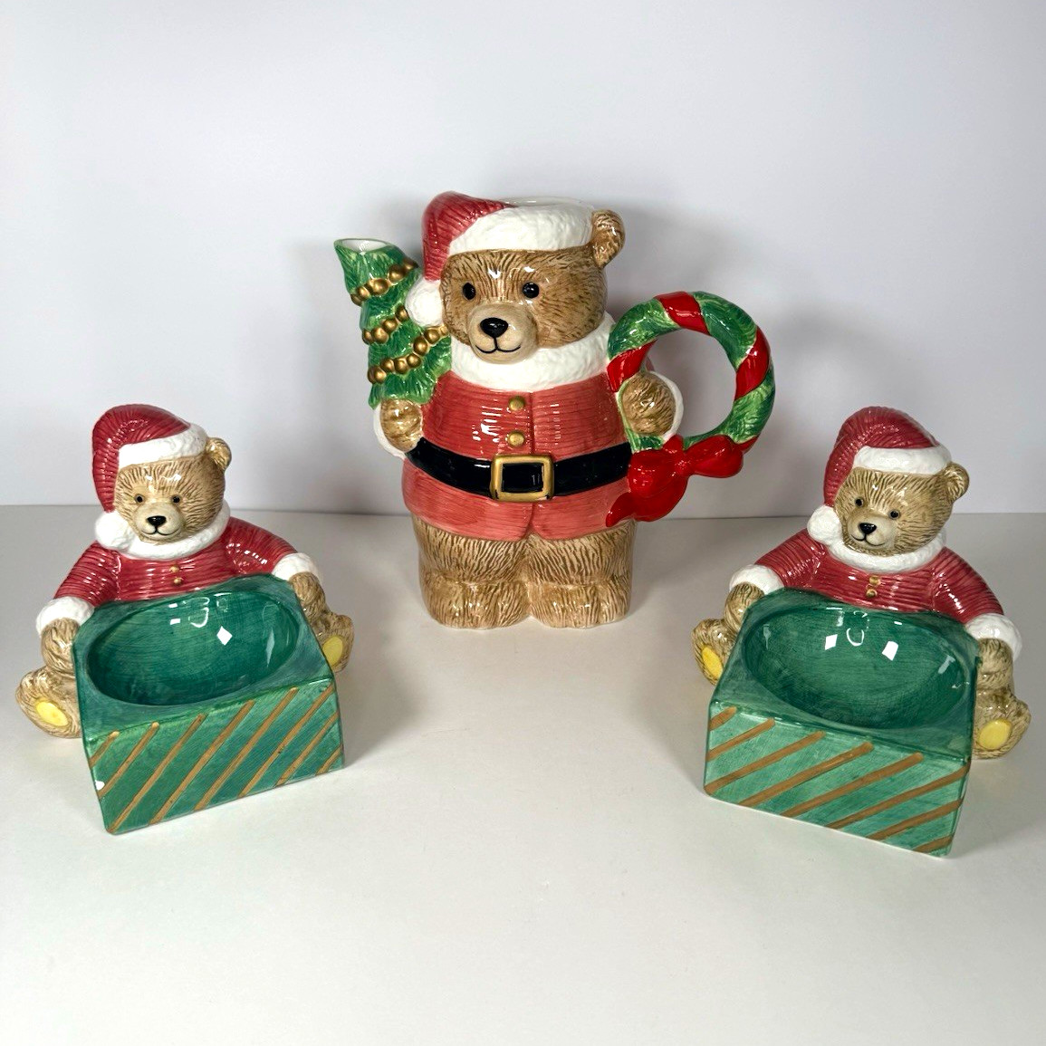 Vintage 1995 Lotus Christmas Santa Bear Teapot & 2 Matching Gift Bowl Holder Set