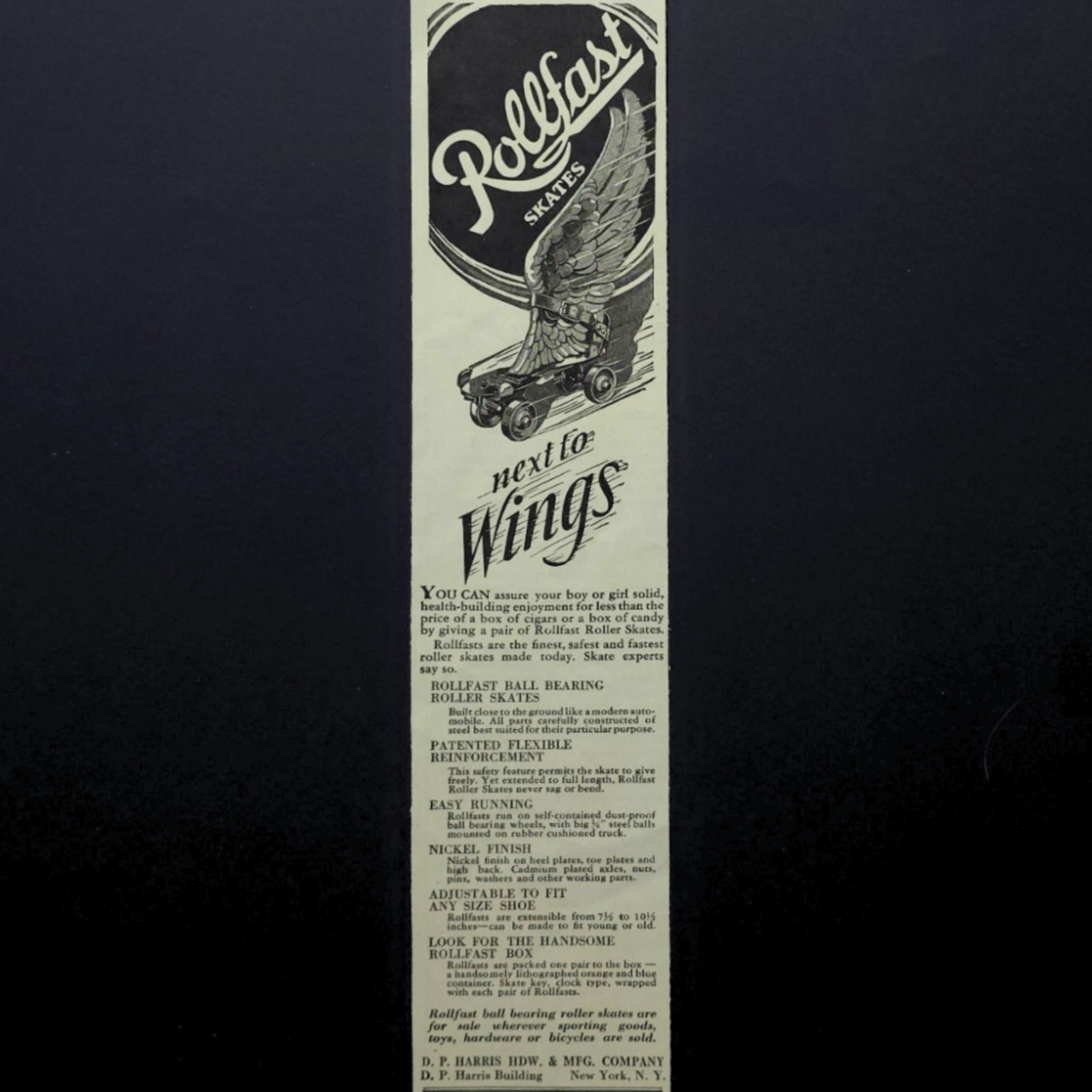 Rollfast Roller Skates Ball Bearing Wings Adjustable Nickel Finish 1929 Print Ad