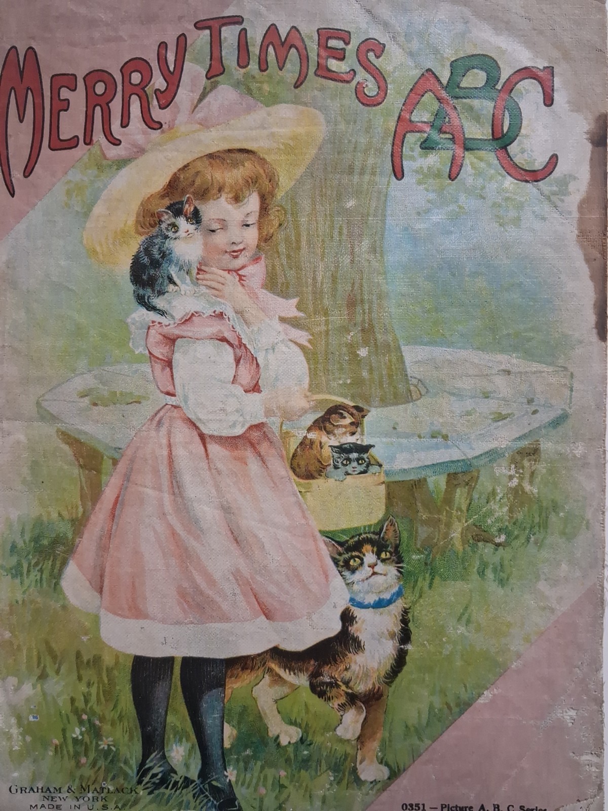 1880s-90s MERRY TIMES ABC Children\'s ALPHABET BOOK Cloth CATS Cloth
