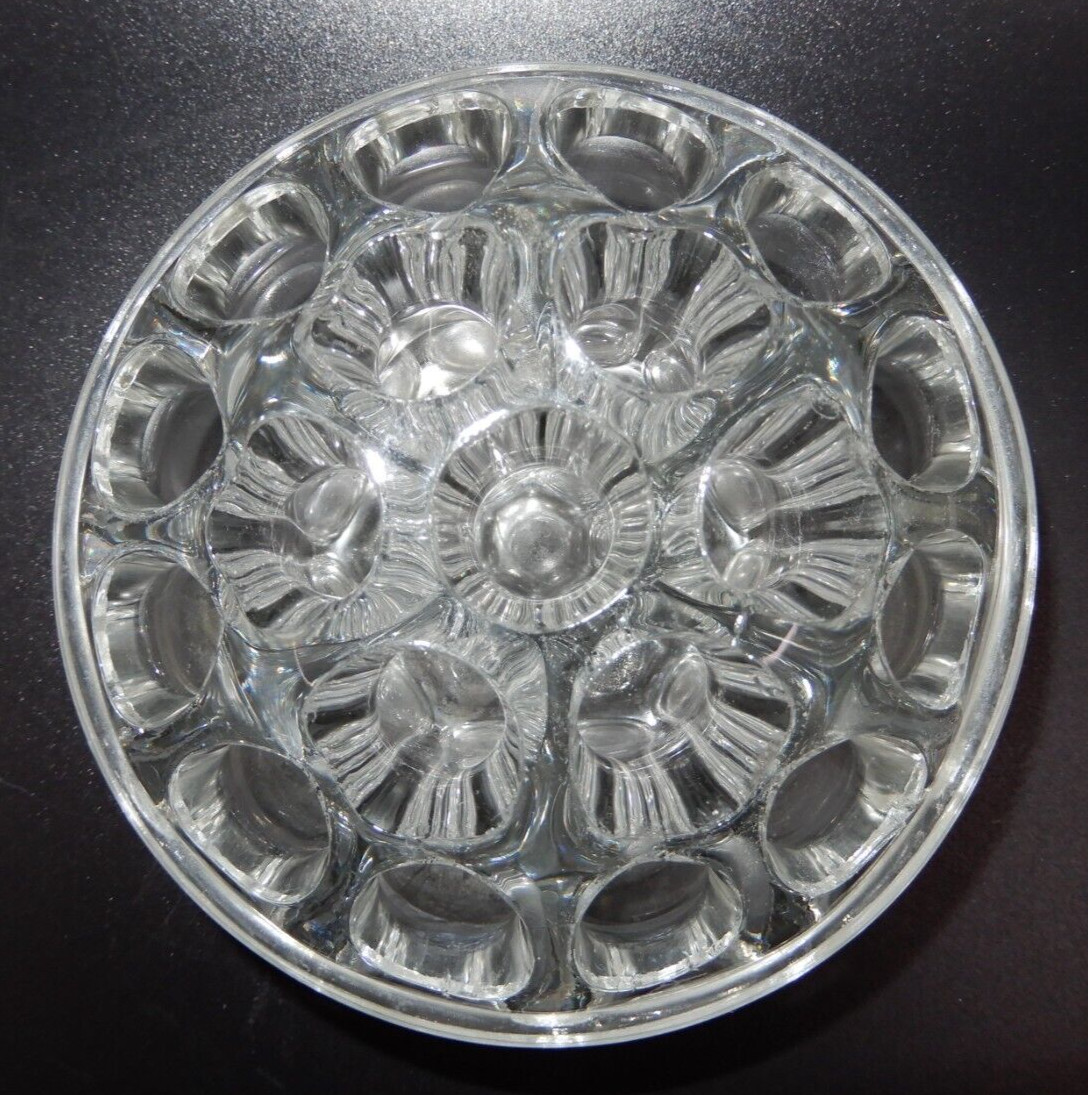 VINTAGE CLEAR GLASS NINETEEN HOLE FOOTED & DOMED ROUND FLOWER FROG