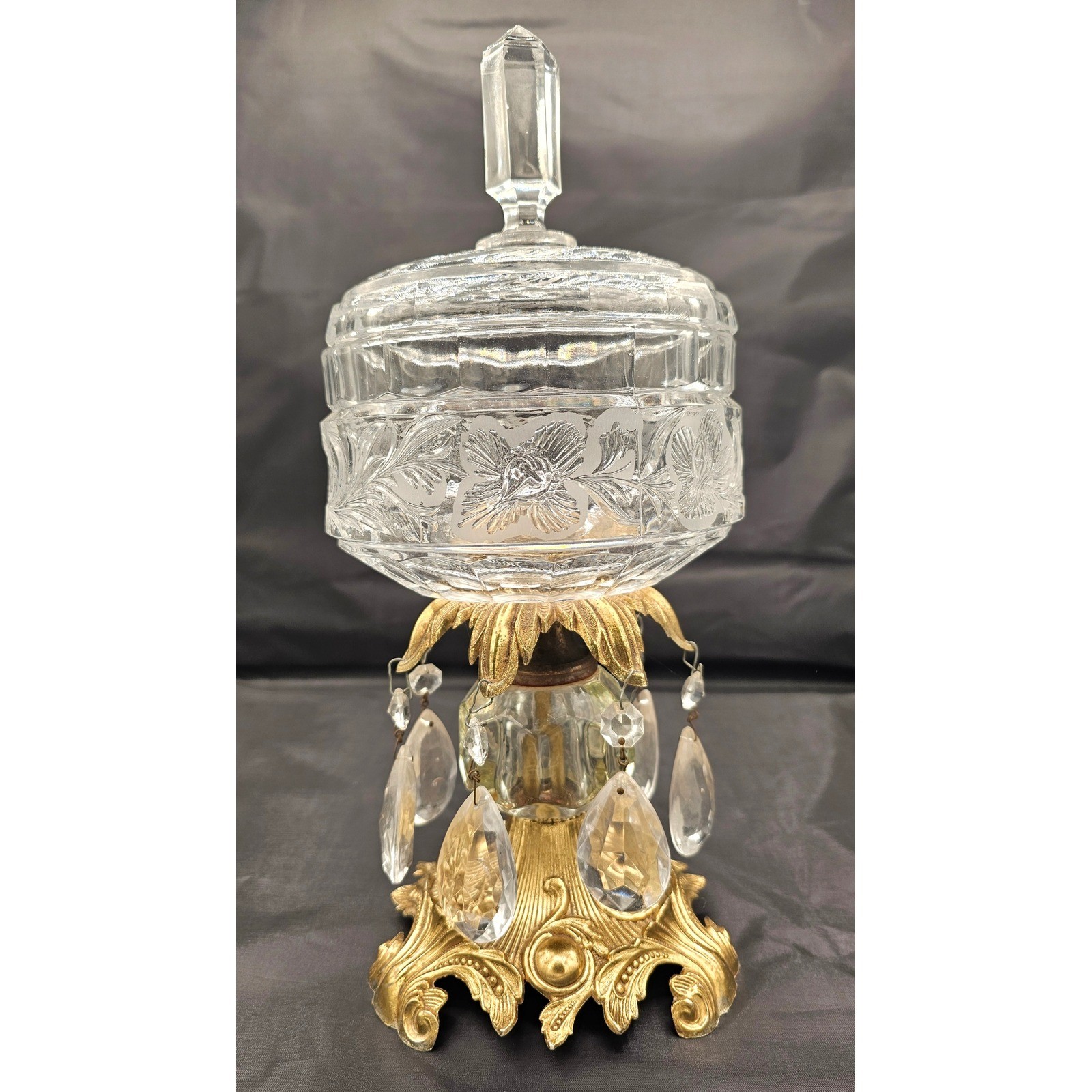 Vintage Etched Crystal Candy Dish Ornate Brass Base Hanging Prisms Victorian