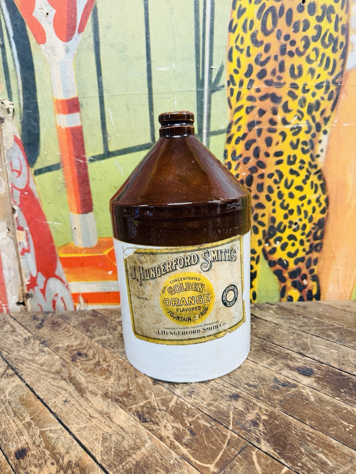 ANTIQUE C. 1902 J. HUNGERFORD SMITH GOLDEN ORANGE PAPER LABEL CROCK JUG SIGN HTF