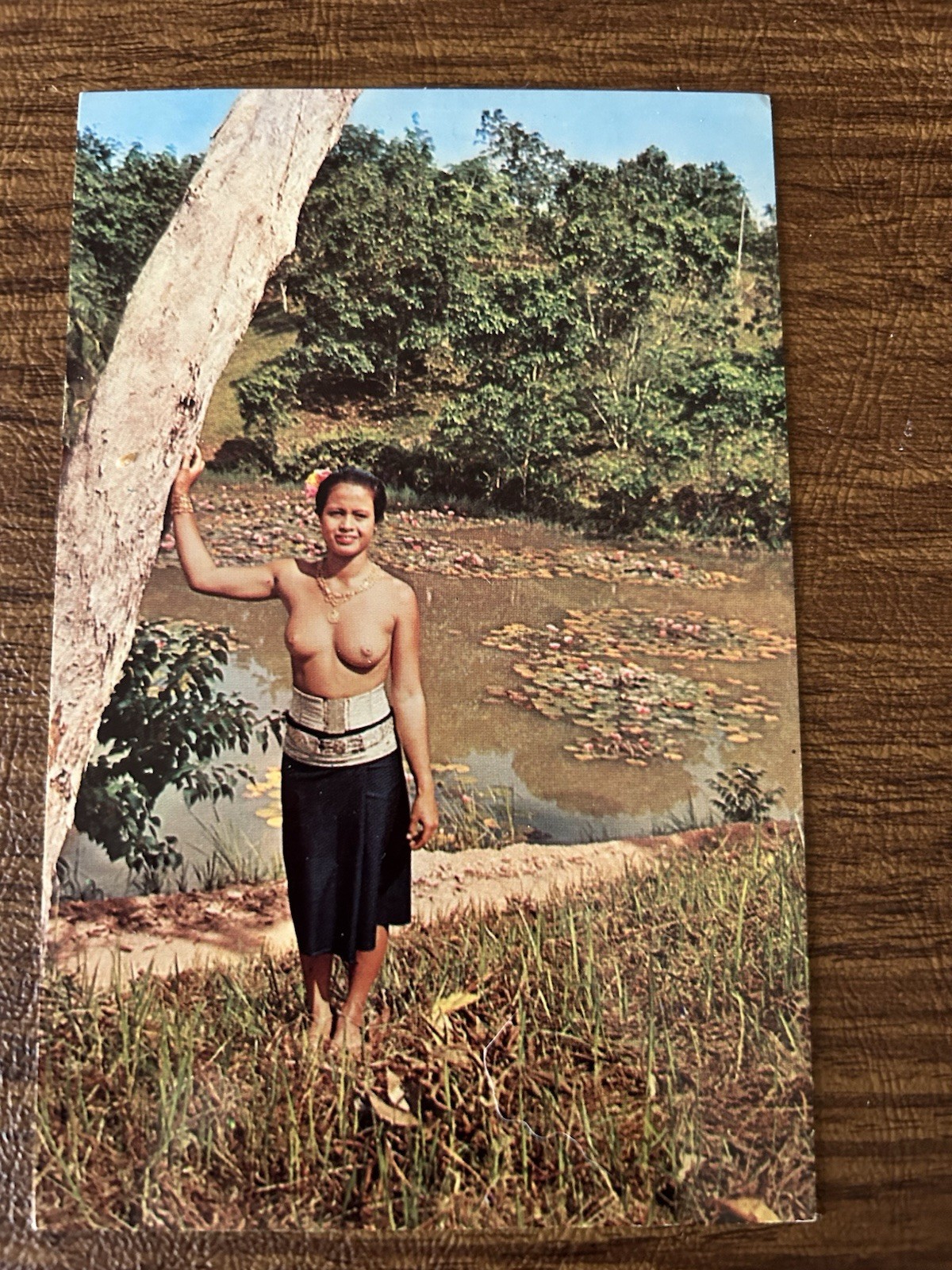 Vintage Dayak Maiden At Lake With Blooming Lilies Sarawak