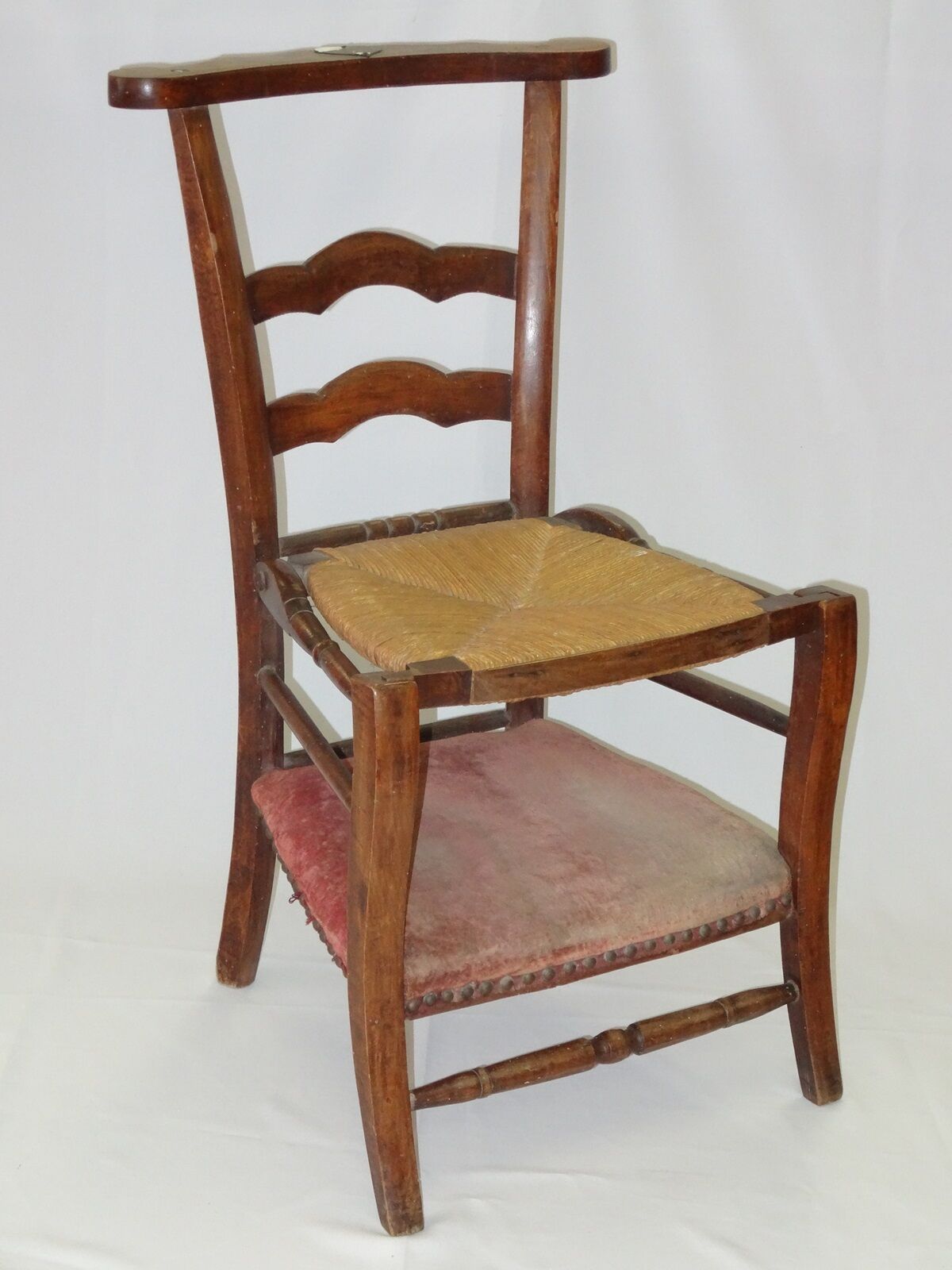 ANTIQUE FRENCH 19 c COUNTRY FRENCH PRIE DIEU KNEELER CHAIR w/ VELVET & RUSH SEAT