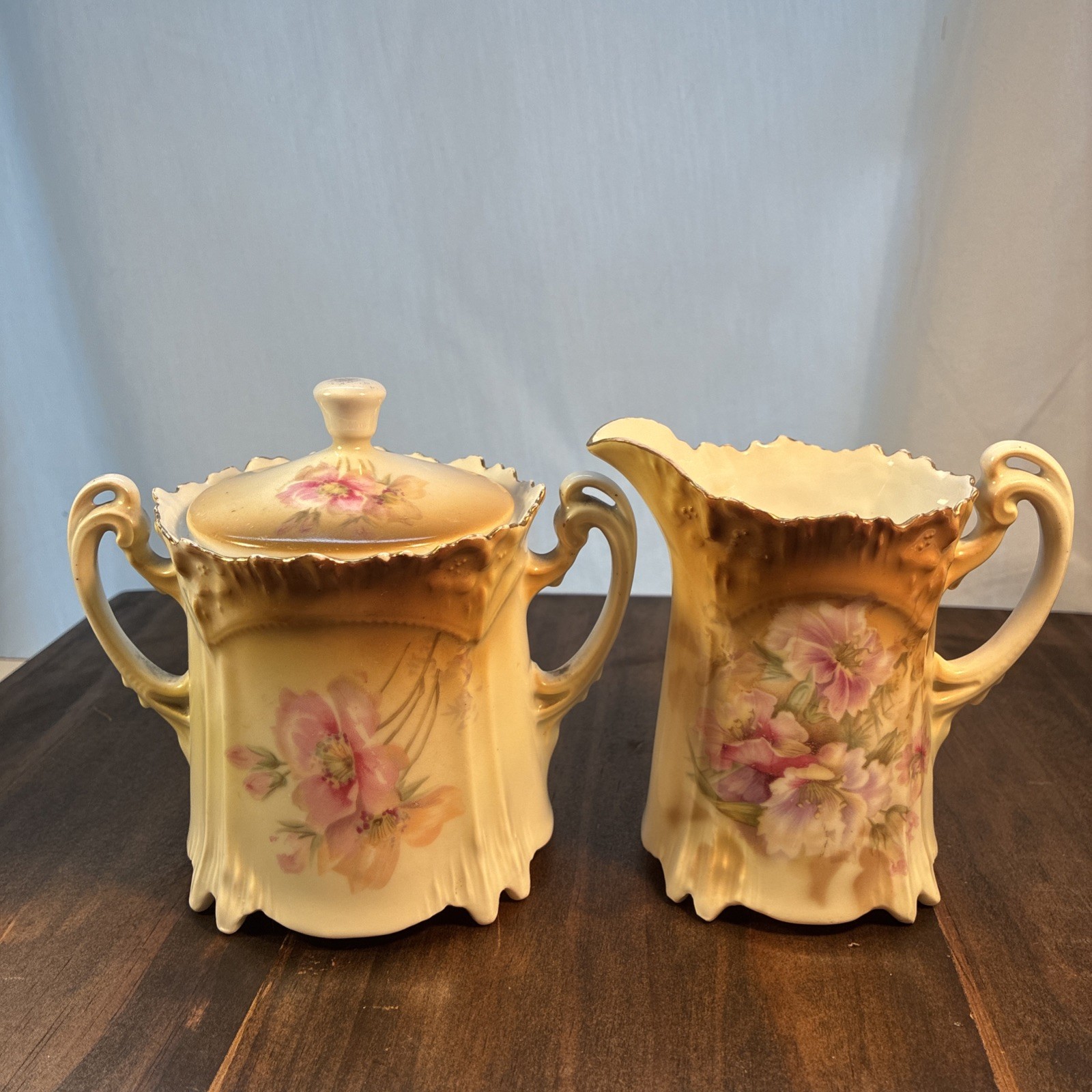 Antique RS Prussia Pink Floral Cream And Sugar Set