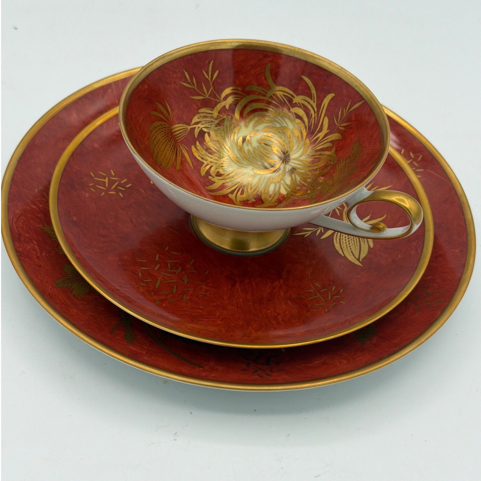 Vintage Alka Kunst Bavaria Porcelain Teacup Trio Red Gold Chrysanthemum Patricia