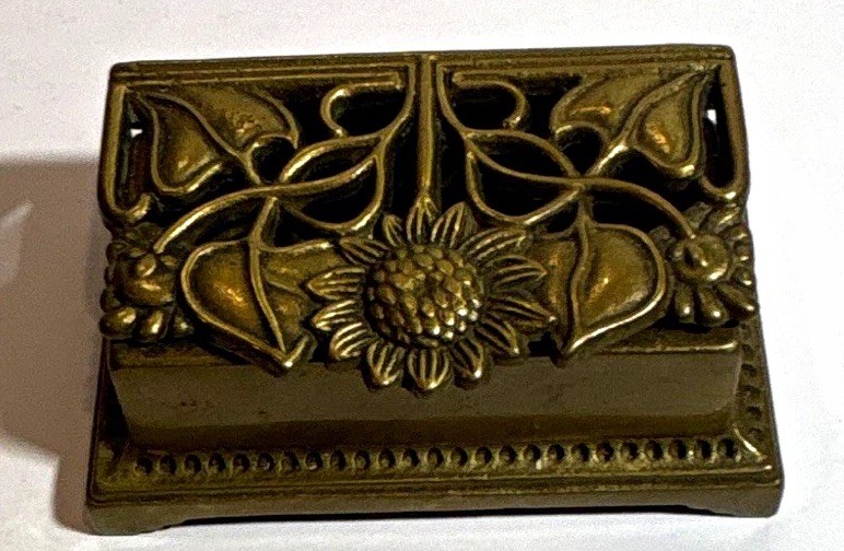 Art Sunflower Vintage Floral Hinged Polished Brass Stamp Holder Desktop Box