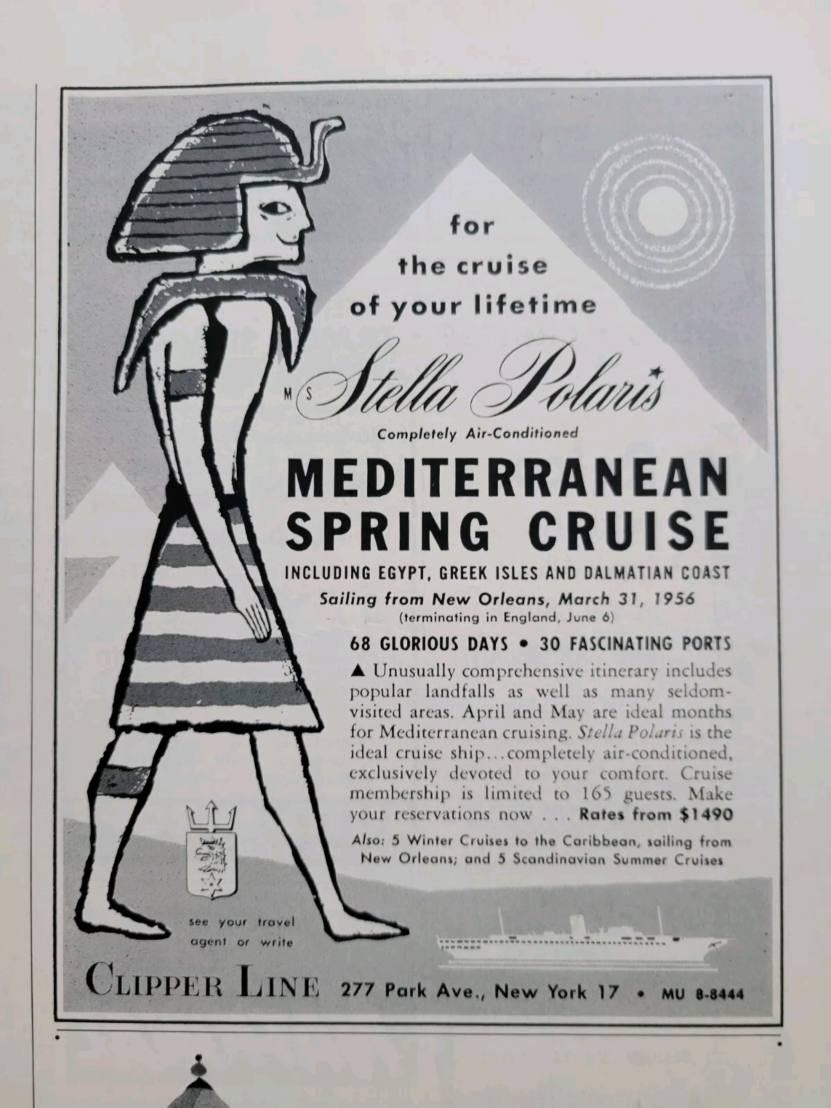 1955 Stella Polaris Mediterranean Spring cruise clipper line Egypt Greece  ad