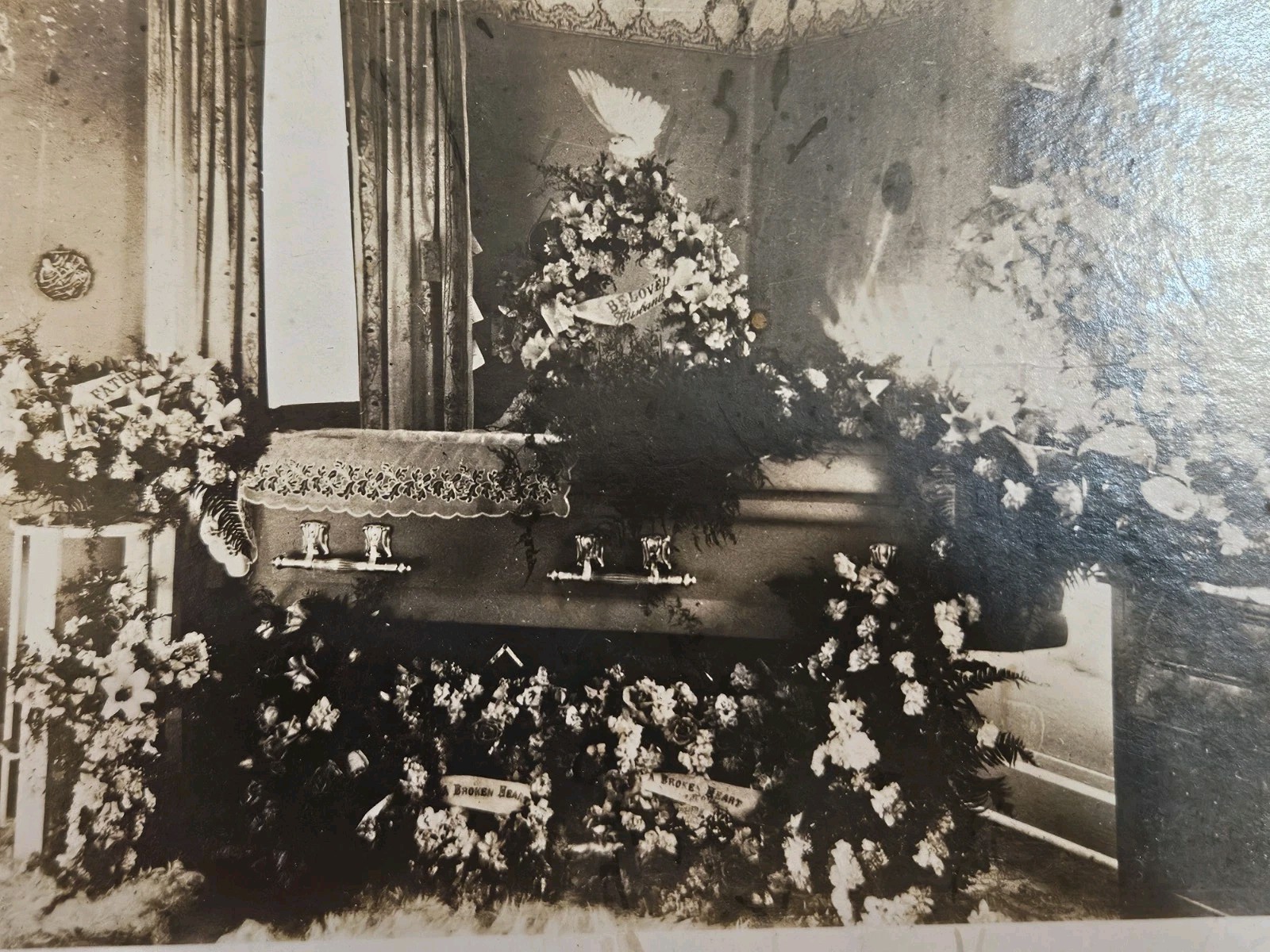 Antique Funeral Casket Photograph Floral Wreaths Mourning Memorial Mounted Photo