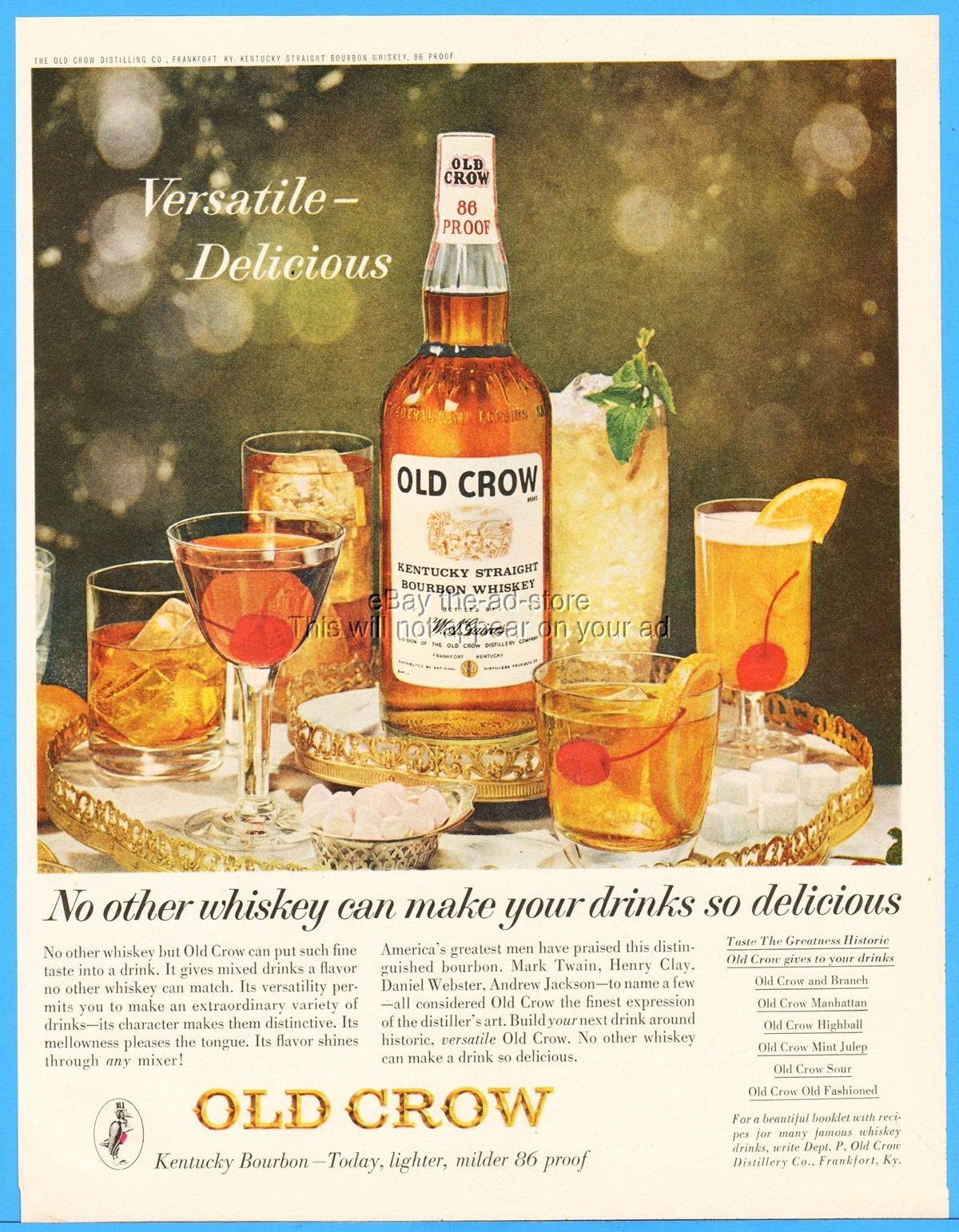 1963 Old Crow Kentucky Bourbon Whiskey Frankfort Cocktails Sour Mint Julep Ad