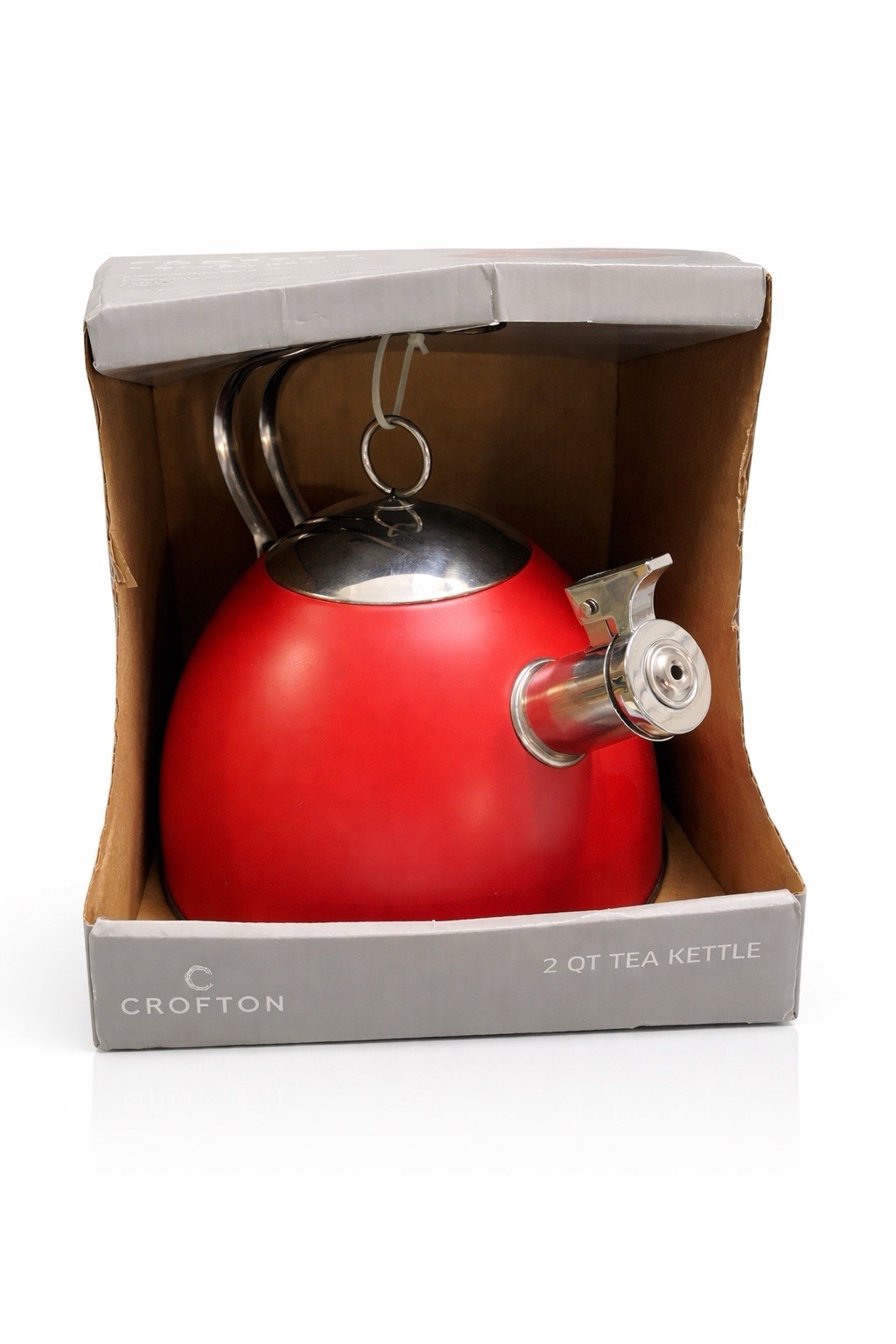 Crofton 2 QT Tea Kettle Stainless Steel Red Whistle Stove Top New Box