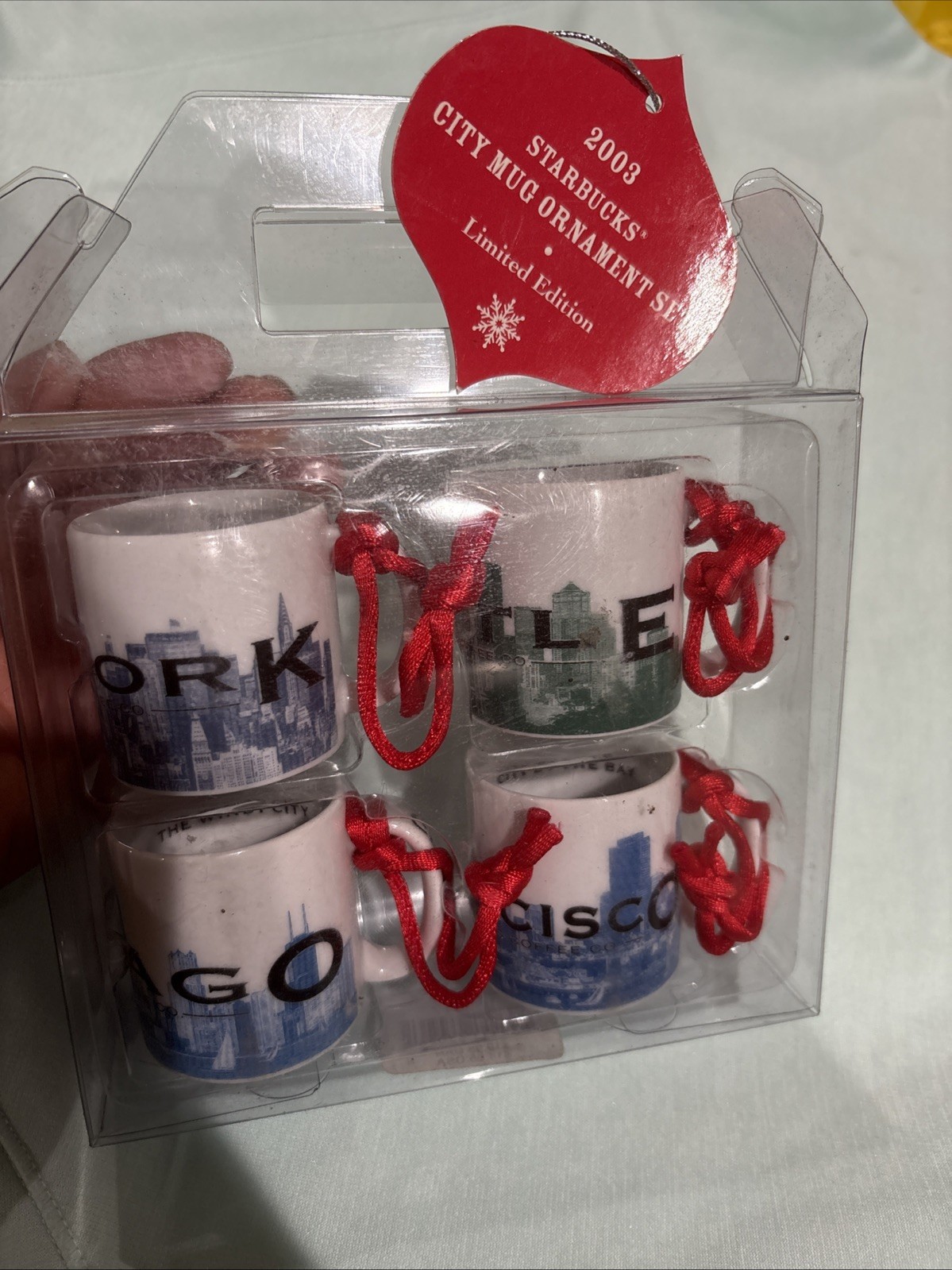 New 2003 Starbucks City Mug Ornament Set New York/Seattle/Chicago/San Francisco