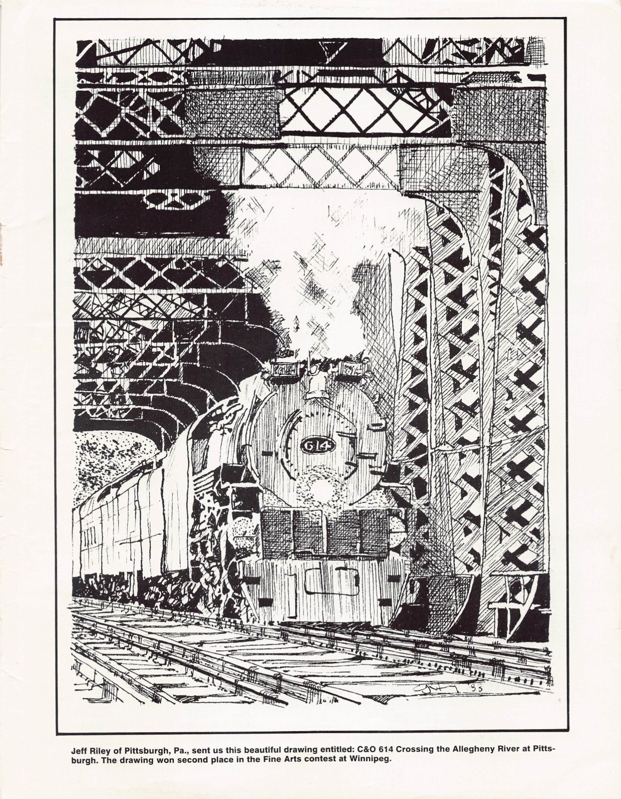 C&O 614 Crossing Allegheny River Pittsburgh Sketch By Jeff Riley Vtg Mag Excerpt
