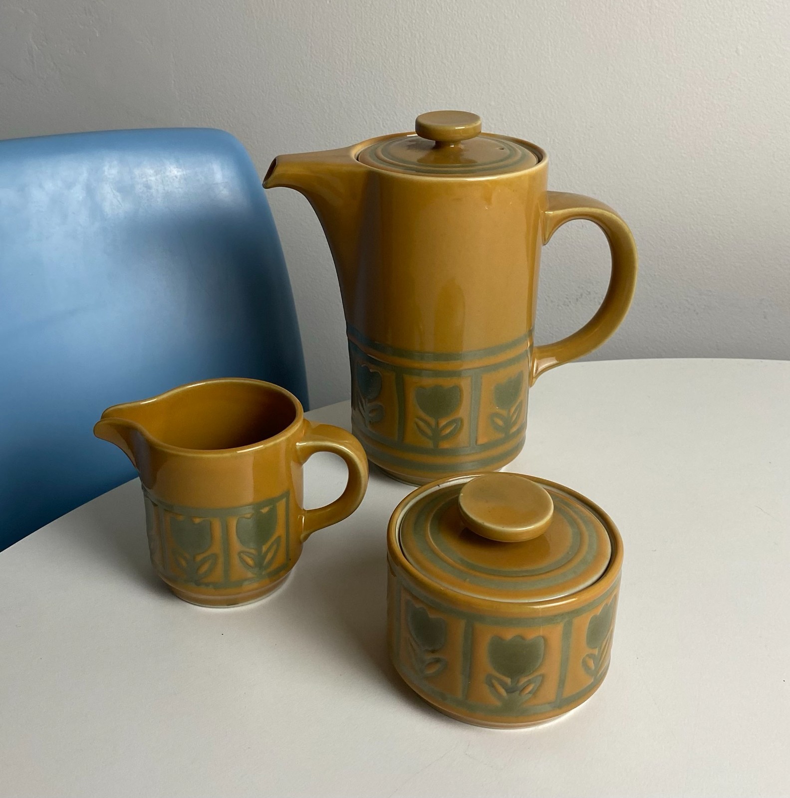 Vintage Made in Japan Ceramic Tea Set Tulip Design Mustard Glaze w Creamer 