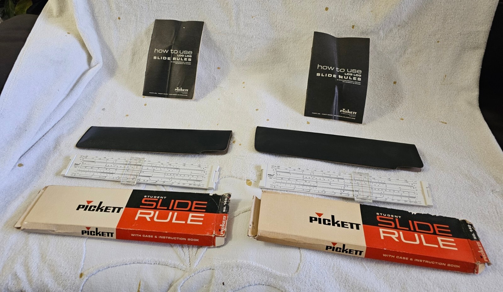 (2) PICKETT STUDENT SLIDE RULERS NO. 140-T W/CASE/BOX/MANUAL