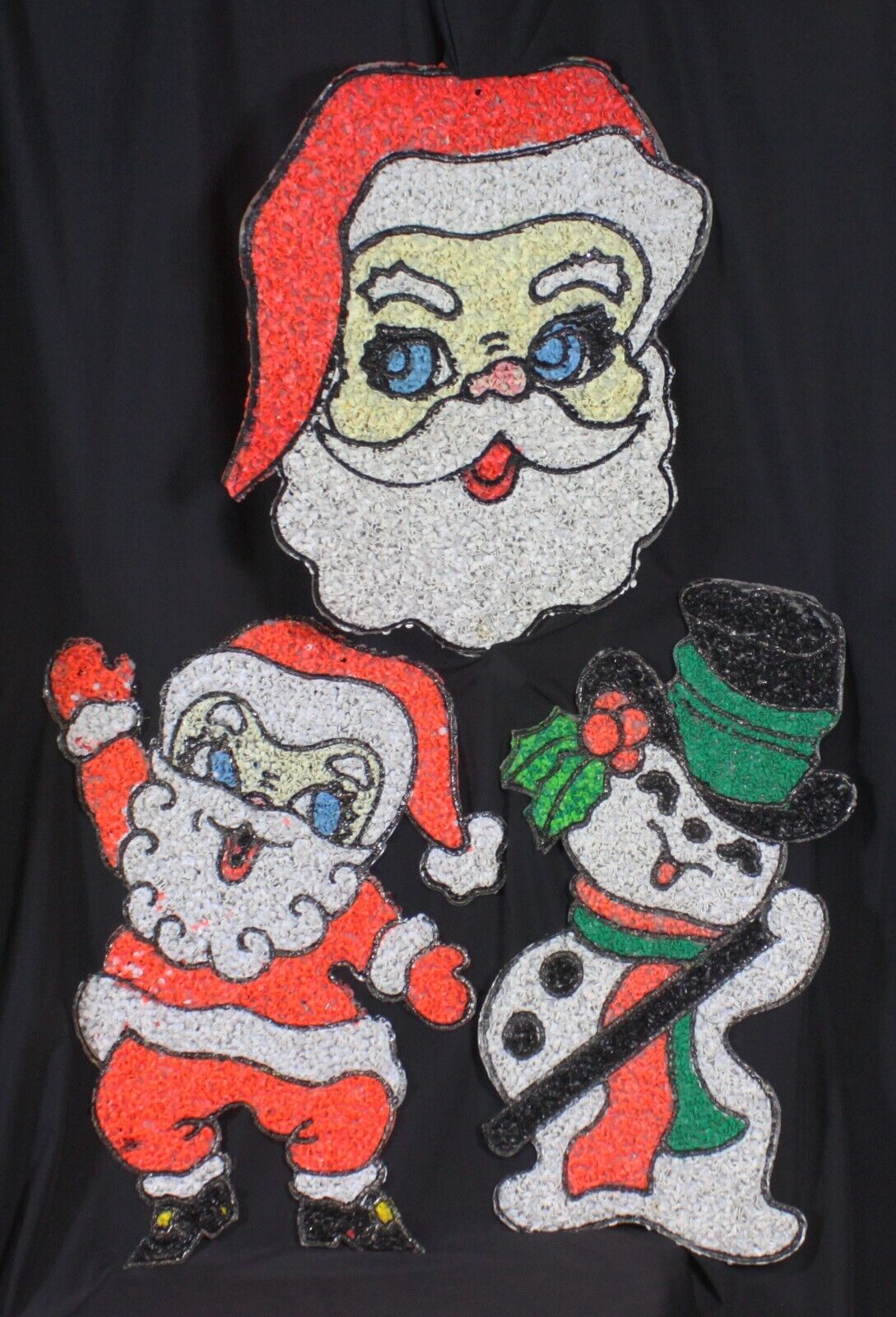 3 Vtg Melted Plastic Popcorn Christmas Decorations Lot Santa Claus Snowman Old