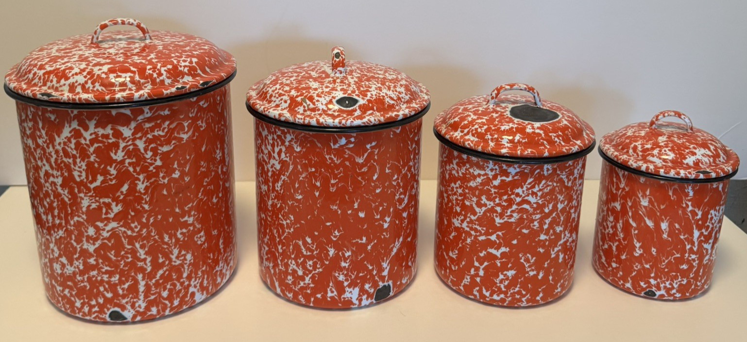 Vintage CGS International Red Splatterware Enamelware Canister Nesting Set of 4