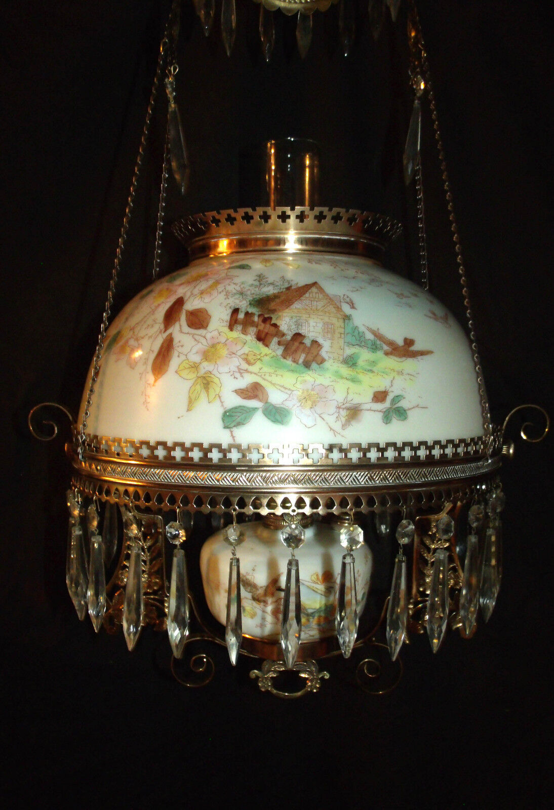 ANTIQUE B & H HANGING OIL LAMP (COTTAGE IN THE WOODS W/ BIRDS & FLORAL)