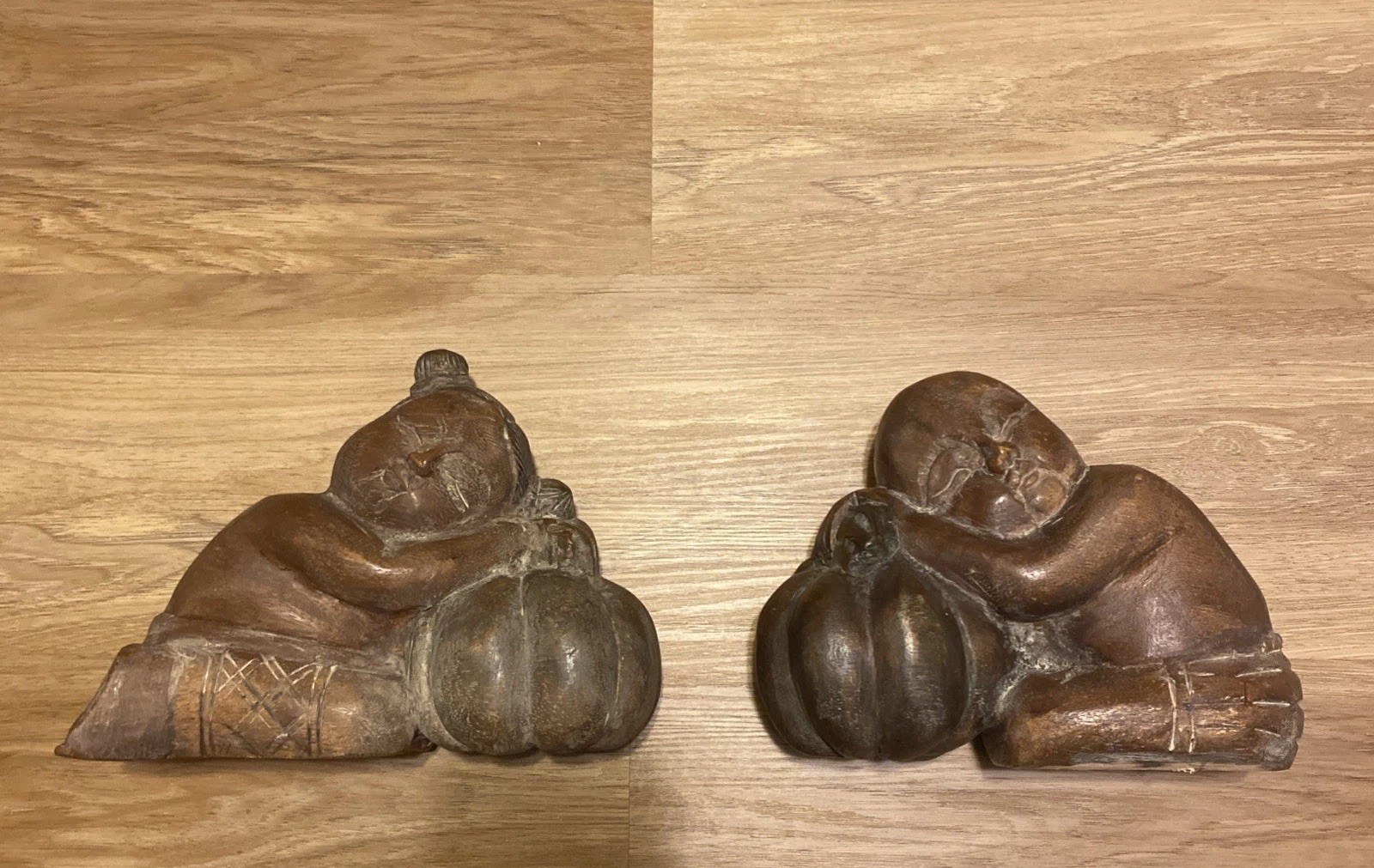 Vintage Carved Wood Sleeping Monk Figurines Pair Asian Folk Art Bookends