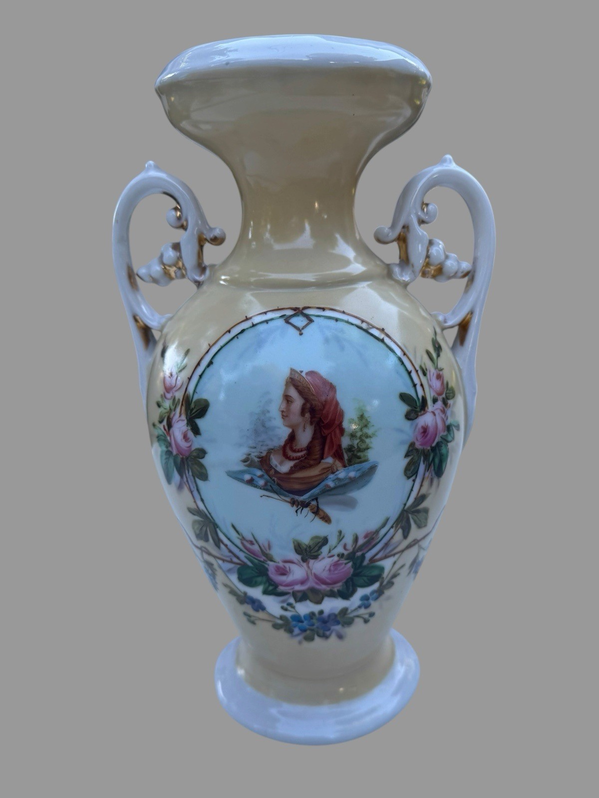 Antique 19th C Old Paris Porcelain Portrait Vase Hand Painted Floral 11.5”