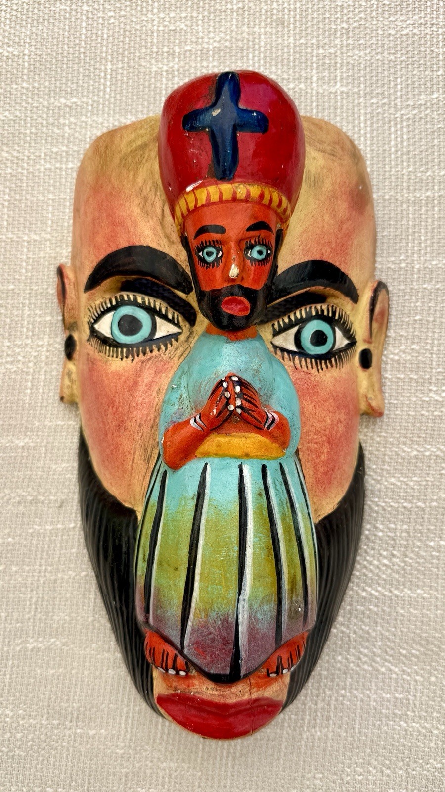 Vintage Guerrero Mexico Folk Art Carved Wood Mask Applied Religious Figure