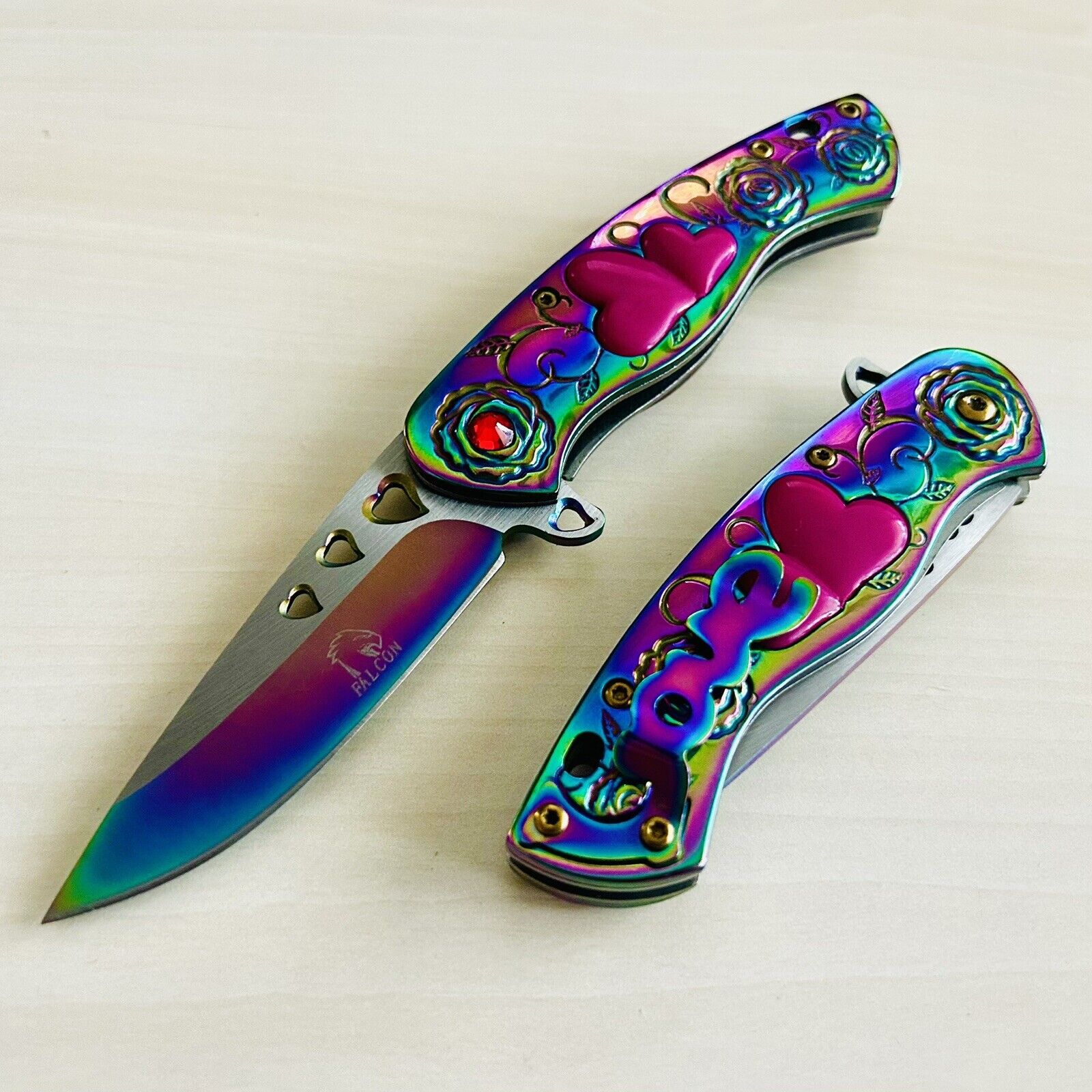 7” Rainbow Heart Girl Knife Tactical Spring Assisted Open Folding Pocket Knife