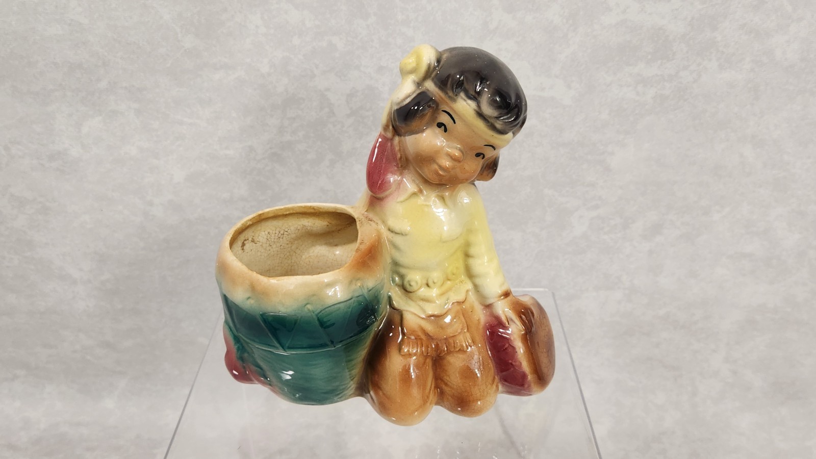 Royal Copley Ceramic Native American Little Indian Boy with Drum Figural Planter